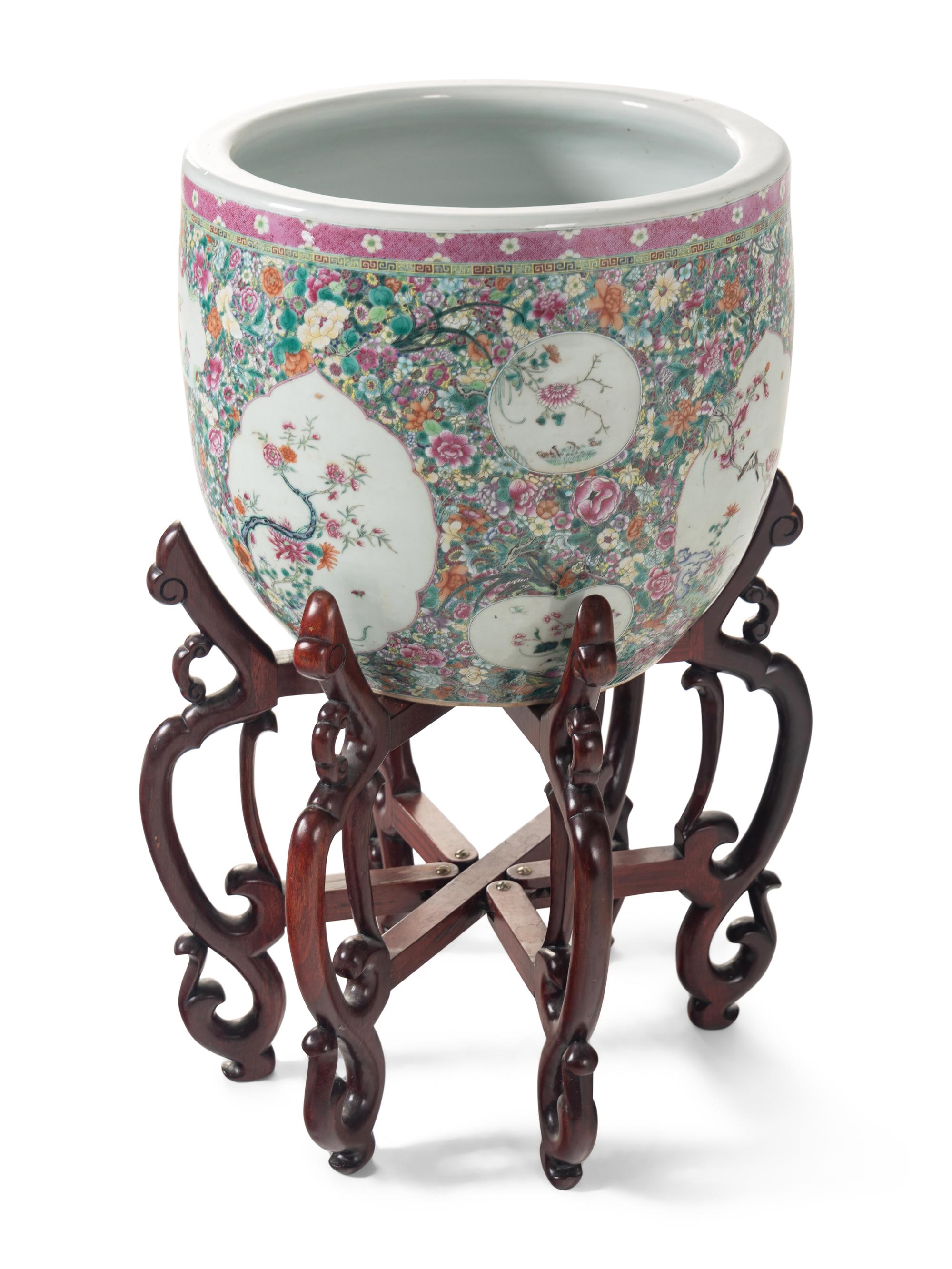 A Large Chinese Famille Rose ‘Millefleur’ Porcelain Fish Bowl