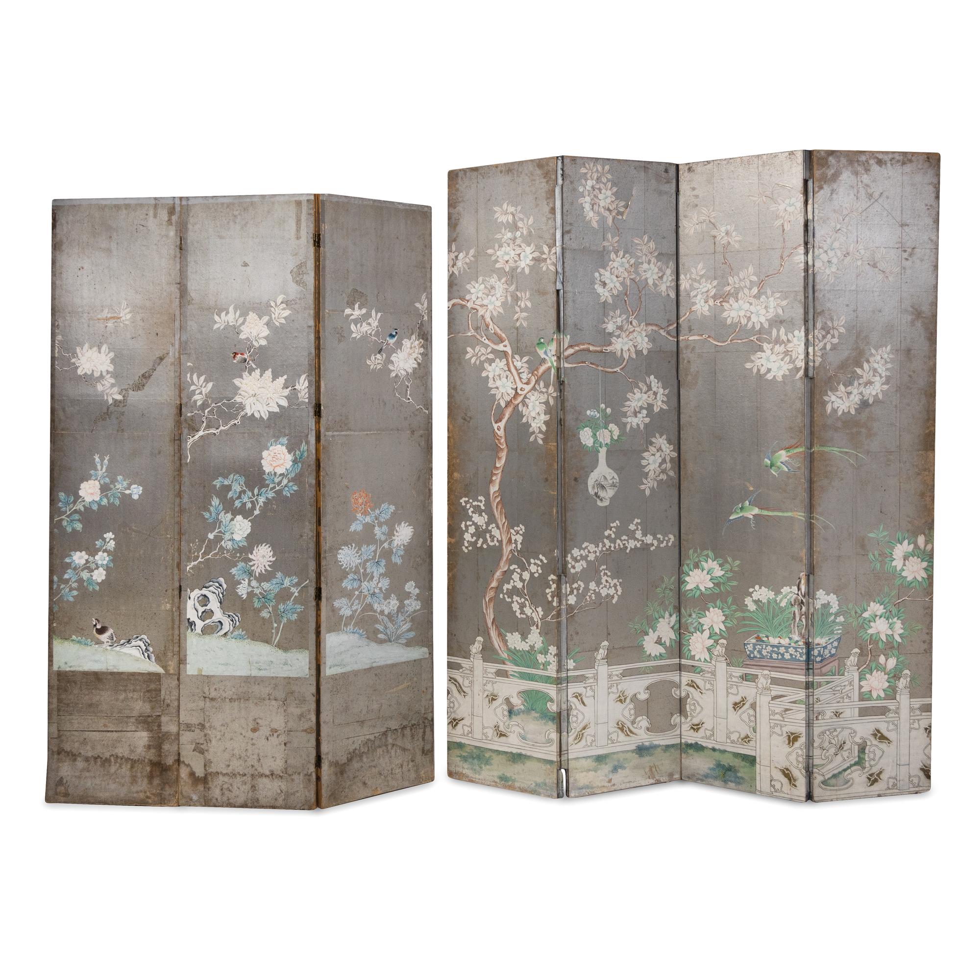 A Silvered Wallpaper Seven Panel Floor Screen