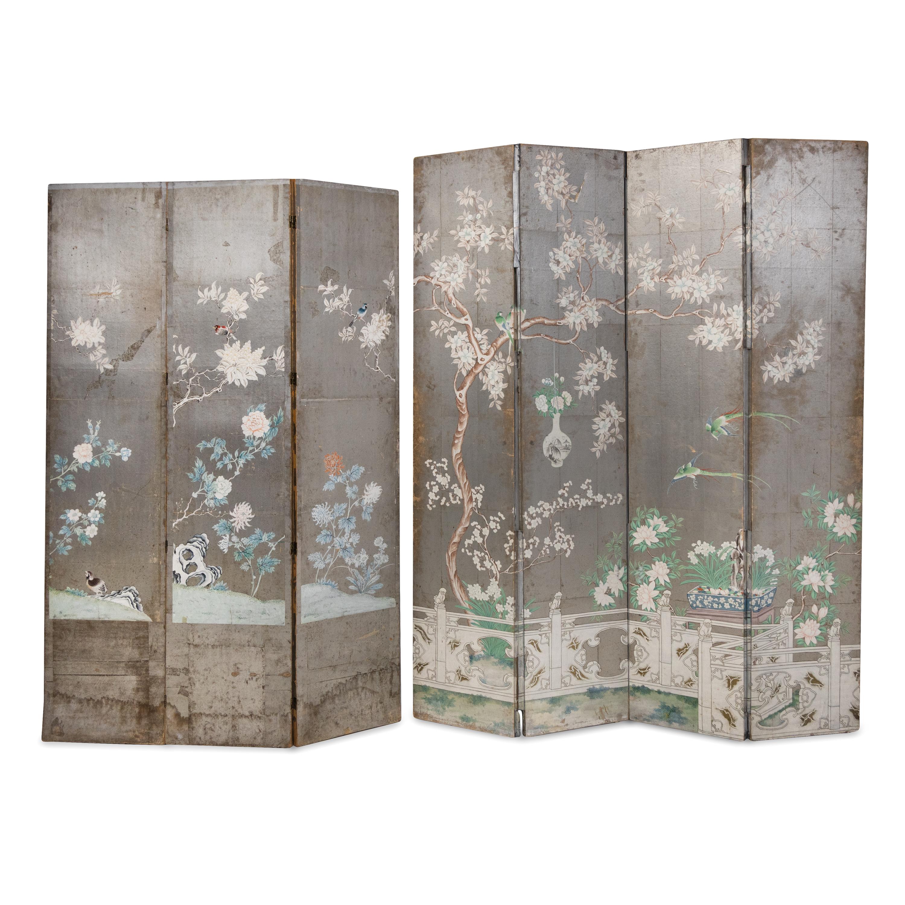A Silvered Wallpaper Seven Panel Floor Screen