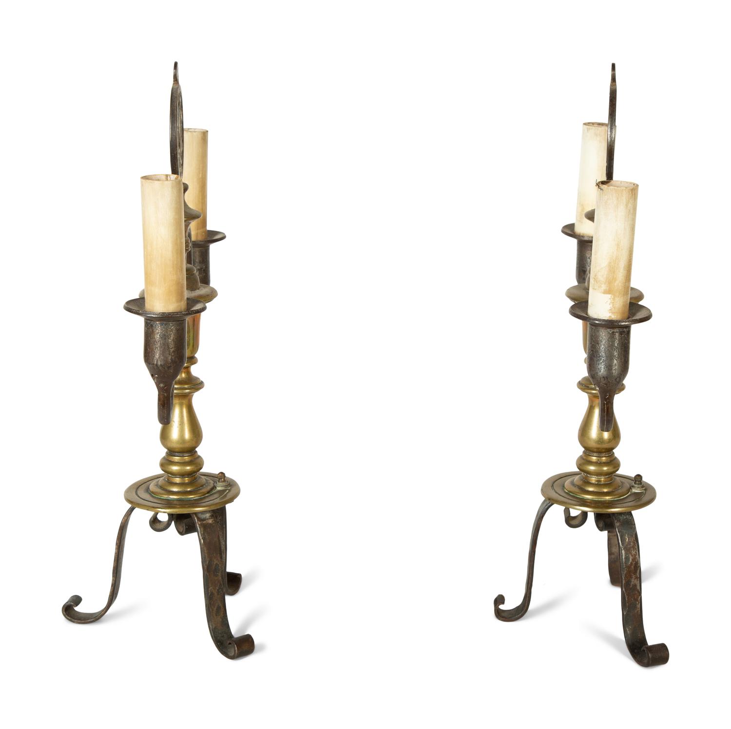 A Pair of Steel and Brass Candelabra Converted to Electricity