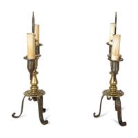 A Pair of Steel and Brass Candelabra Converted to Electricity