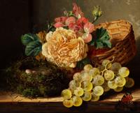 Edward Ladell, (British, 1821-1886), Still Life with Bird's Nest, Basket, Roses, Grapes, and Butterfly