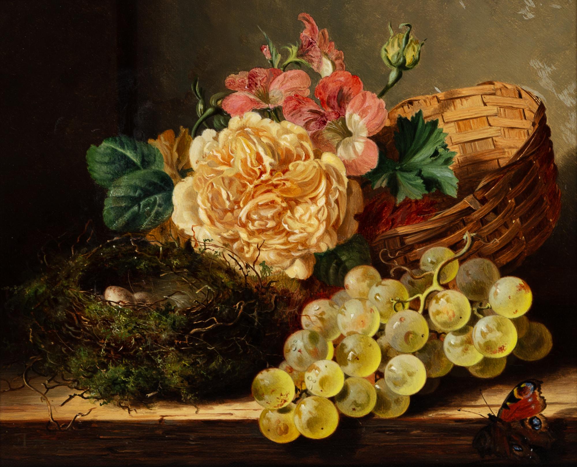 Edward Ladell, (British, 1821-1886), Still Life with Bird's Nest, Basket, Roses, Grapes, and Butterfly