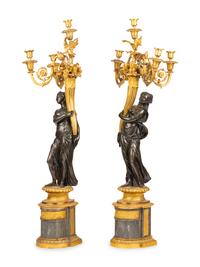 A Pair of Louis XVI Gilt and Patinated Bronze Four-Light Candelabra
