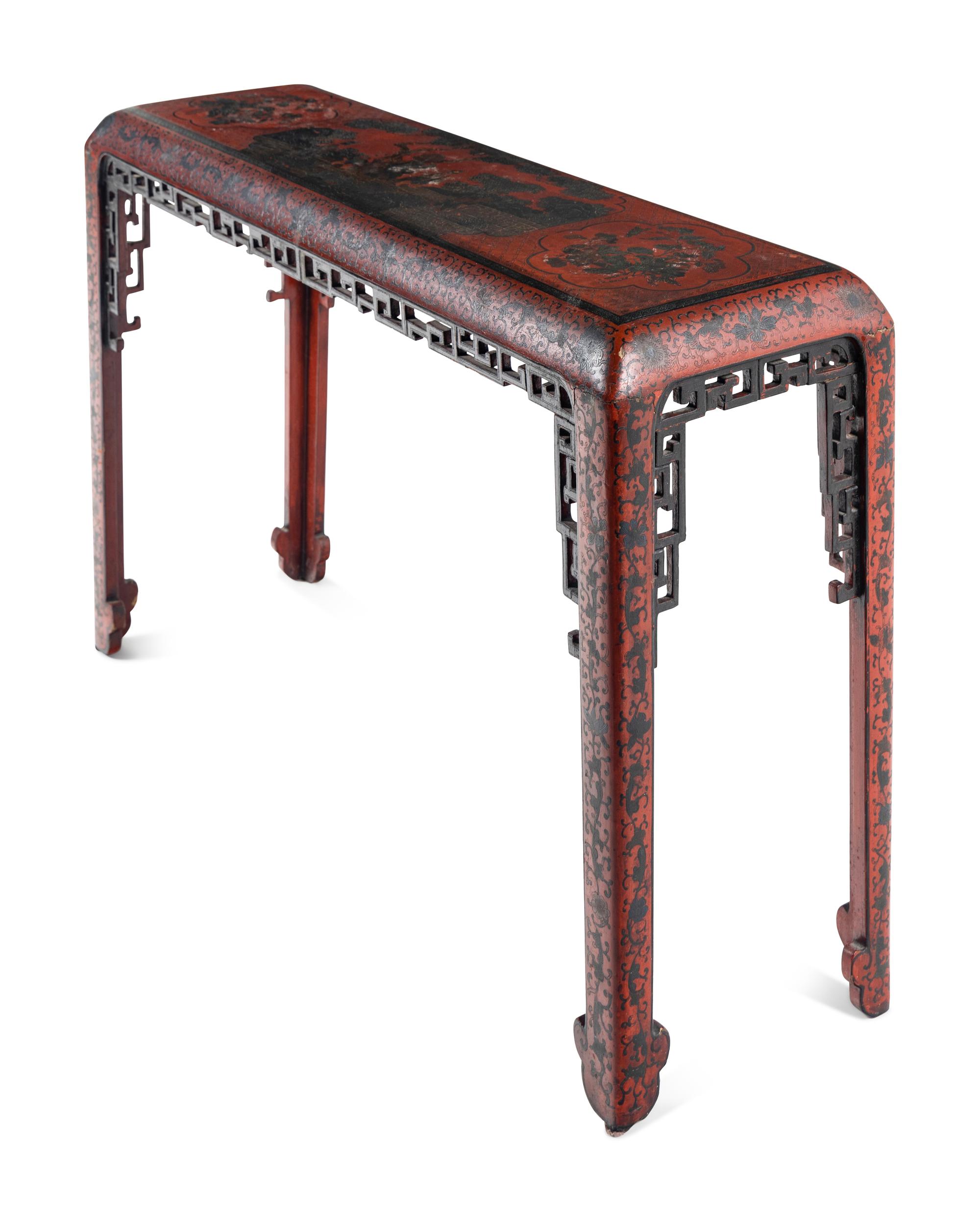 A Chinese Red Ground Polychrome Lacquered Side Table, Tiaozhuo