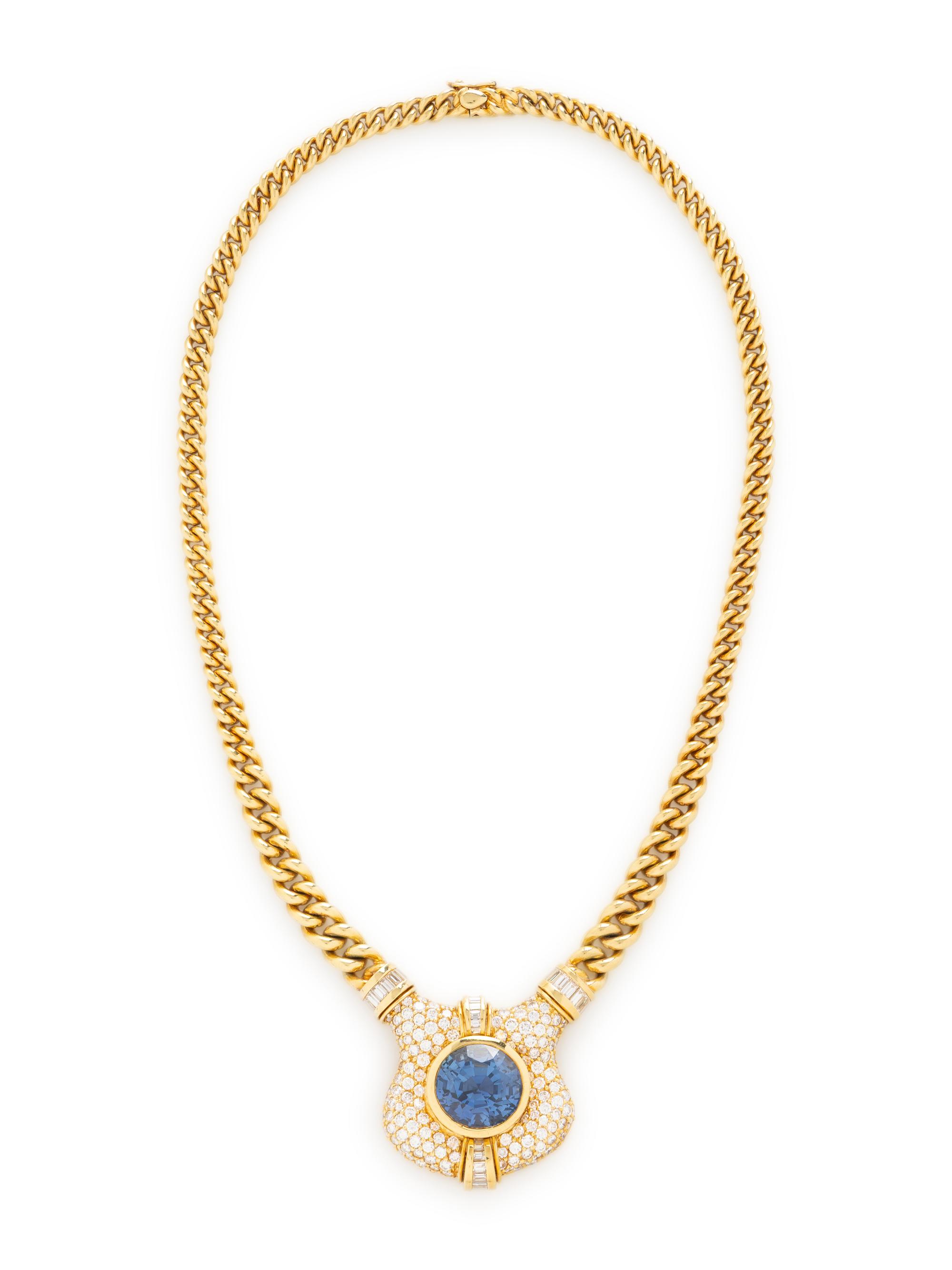 BURMESE SAPPHIRE, DIAMOND, AND YELLOW GOLD NECKLACE