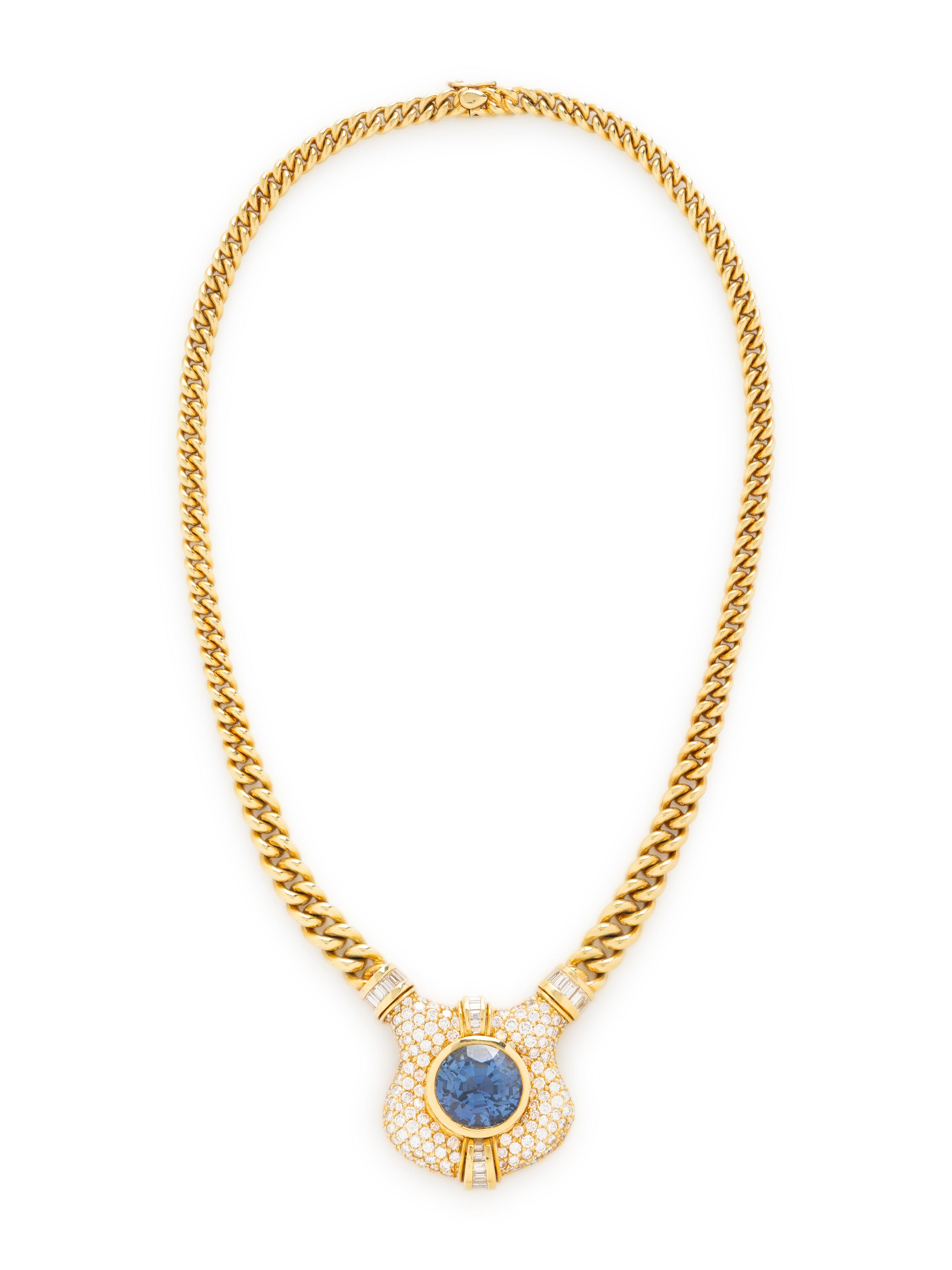 BURMESE SAPPHIRE, DIAMOND, AND YELLOW GOLD NECKLACE
