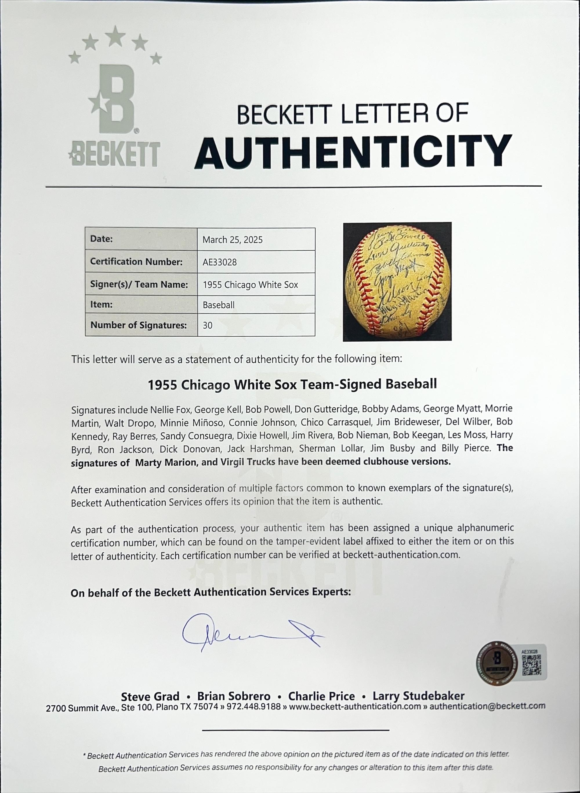 A 1955 Chicago White Sox Team Signed Autograph Baseball Including Nellie Fox (Beckett Authentication Services) - 30 Signatures