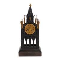 A French Patinated and Parcel Gilt Bronze Cathedral-Form Clock