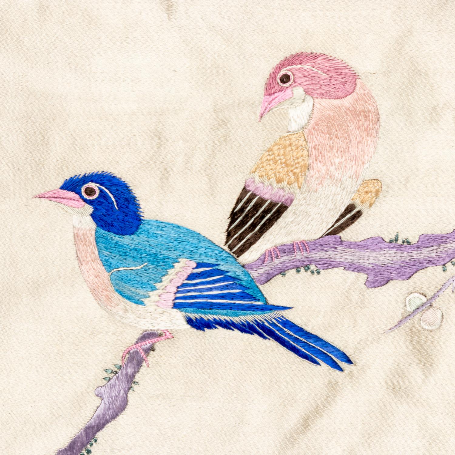 A Large Chinese Embroidered Silk Hanging Panel, Late 19th Century 清晚期 藍地綉花鳥大挂賬