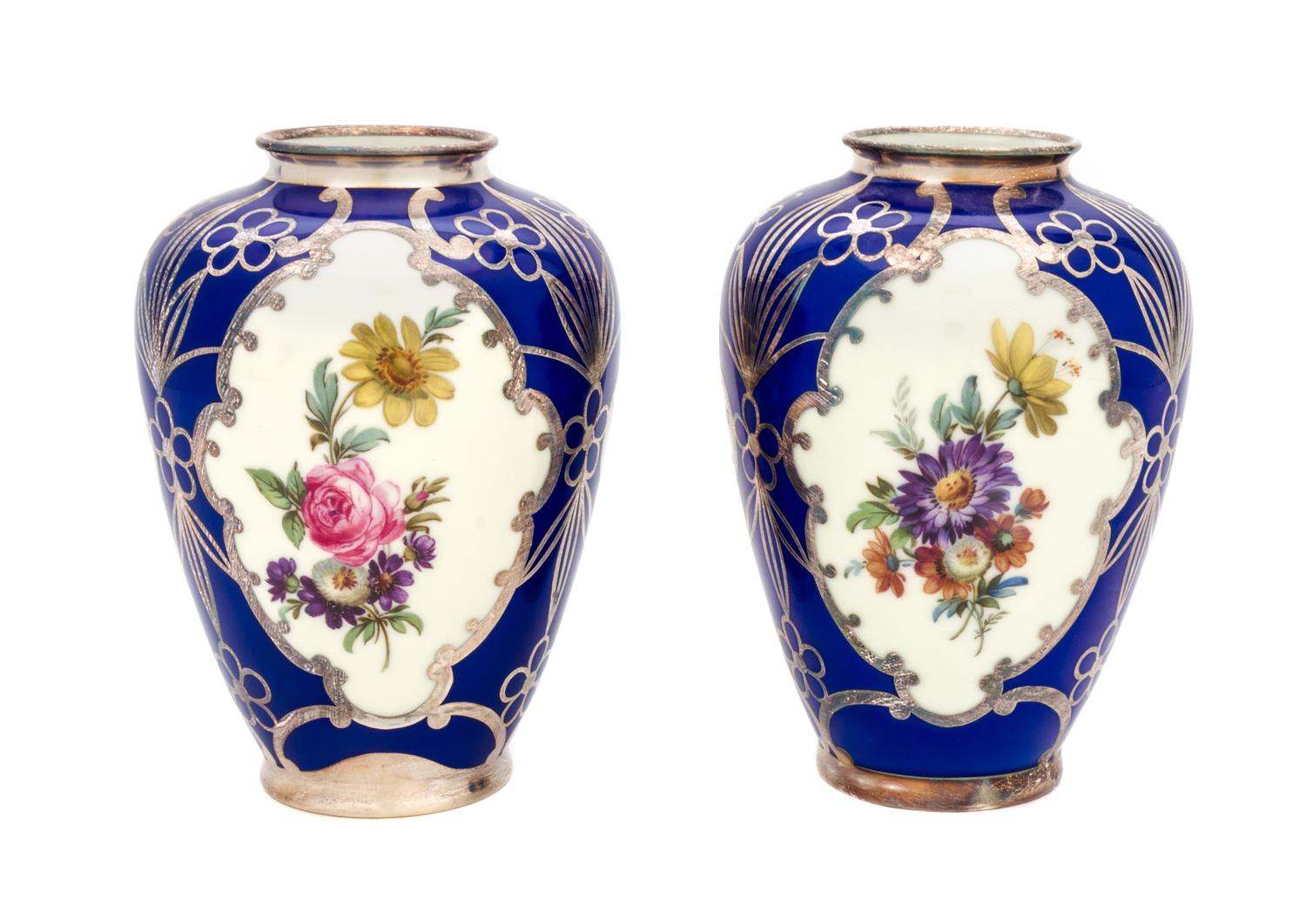 A Pair of Alka Silver Overlay Porcelain Vases Height 5 3/4 inches.