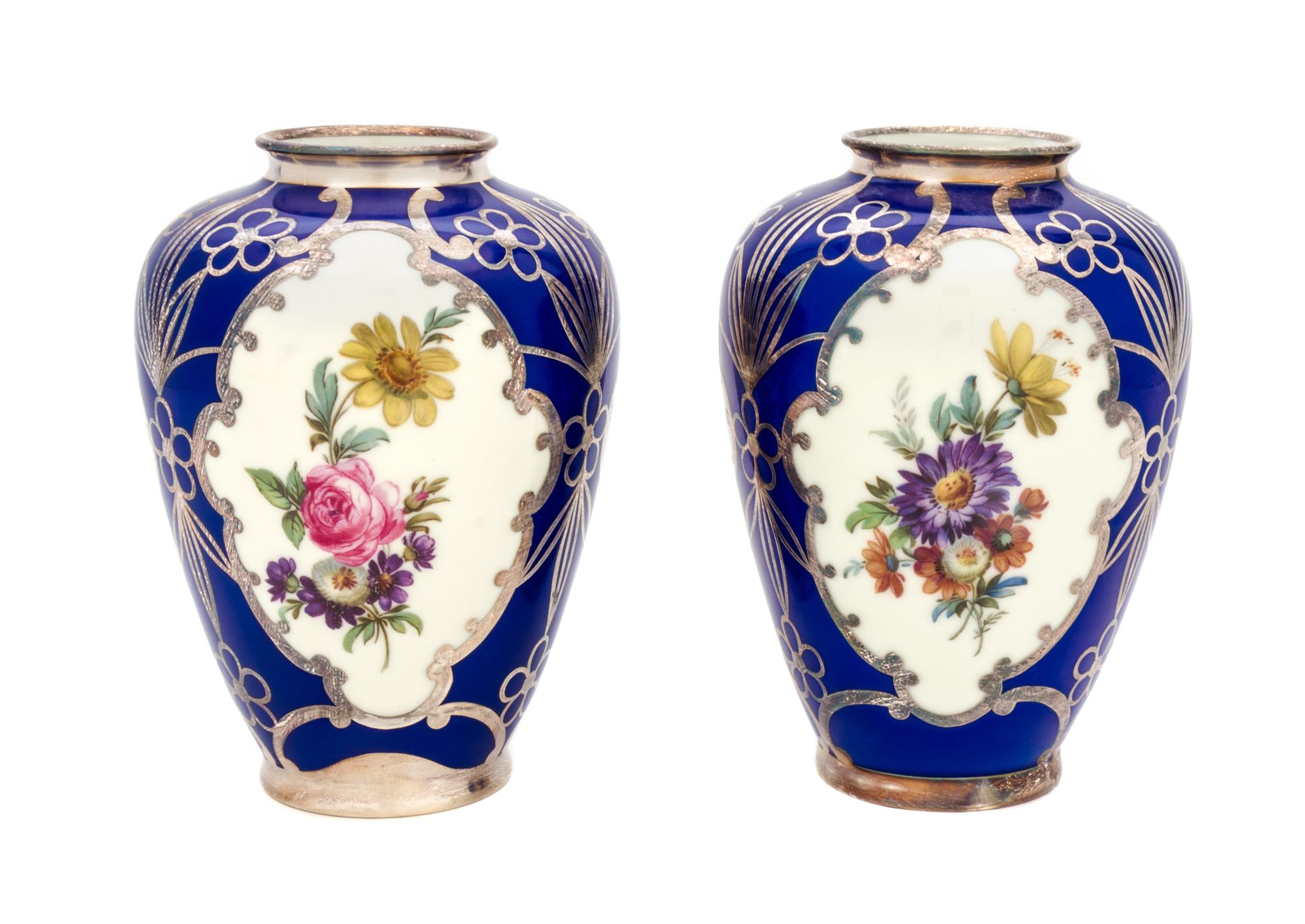 A Pair of Alka Silver Overlay Porcelain Vases Height 5 3/4 inches.