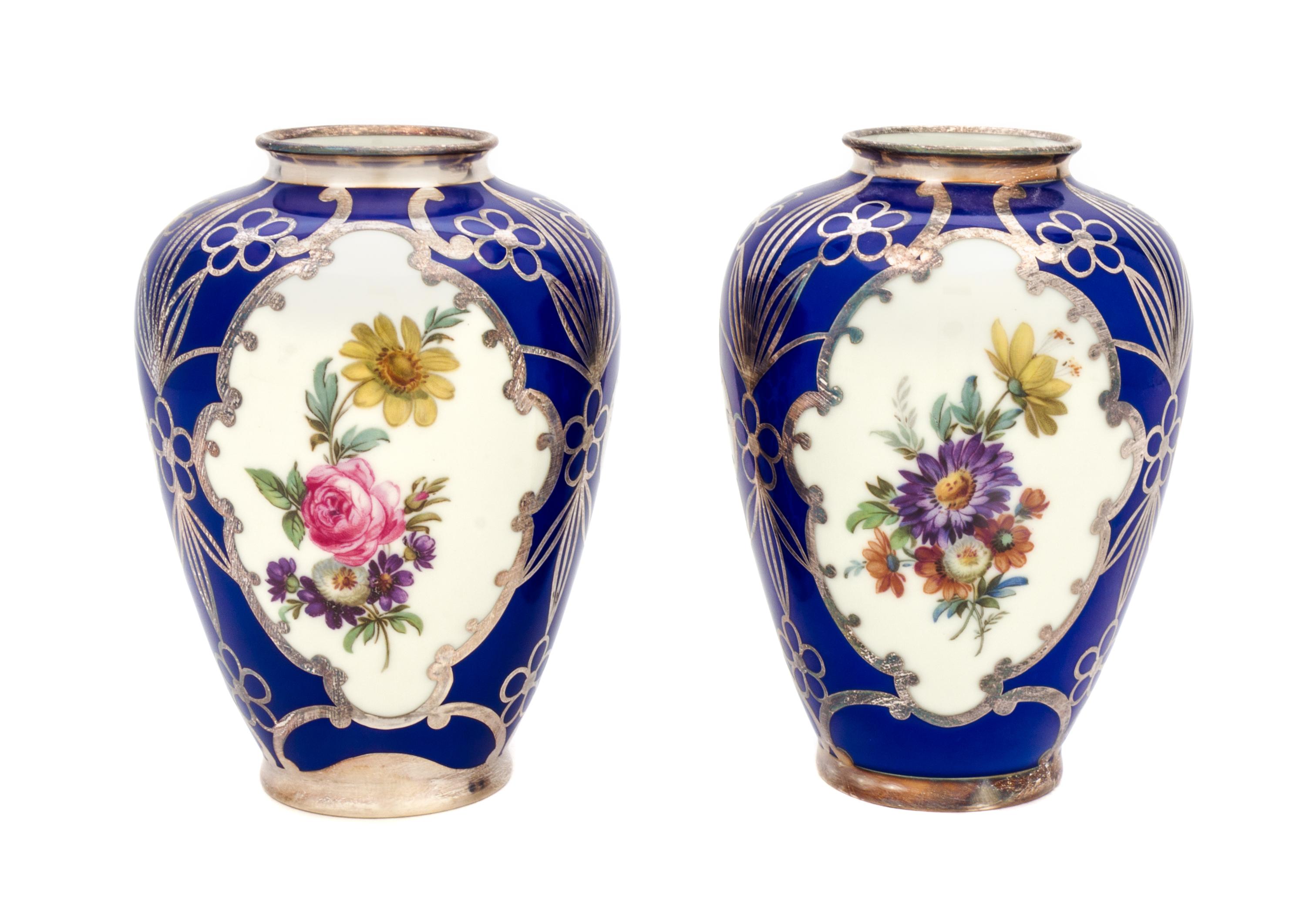 A Pair of Alka Silver Overlay Porcelain Vases Height 5 3/4 inches.
