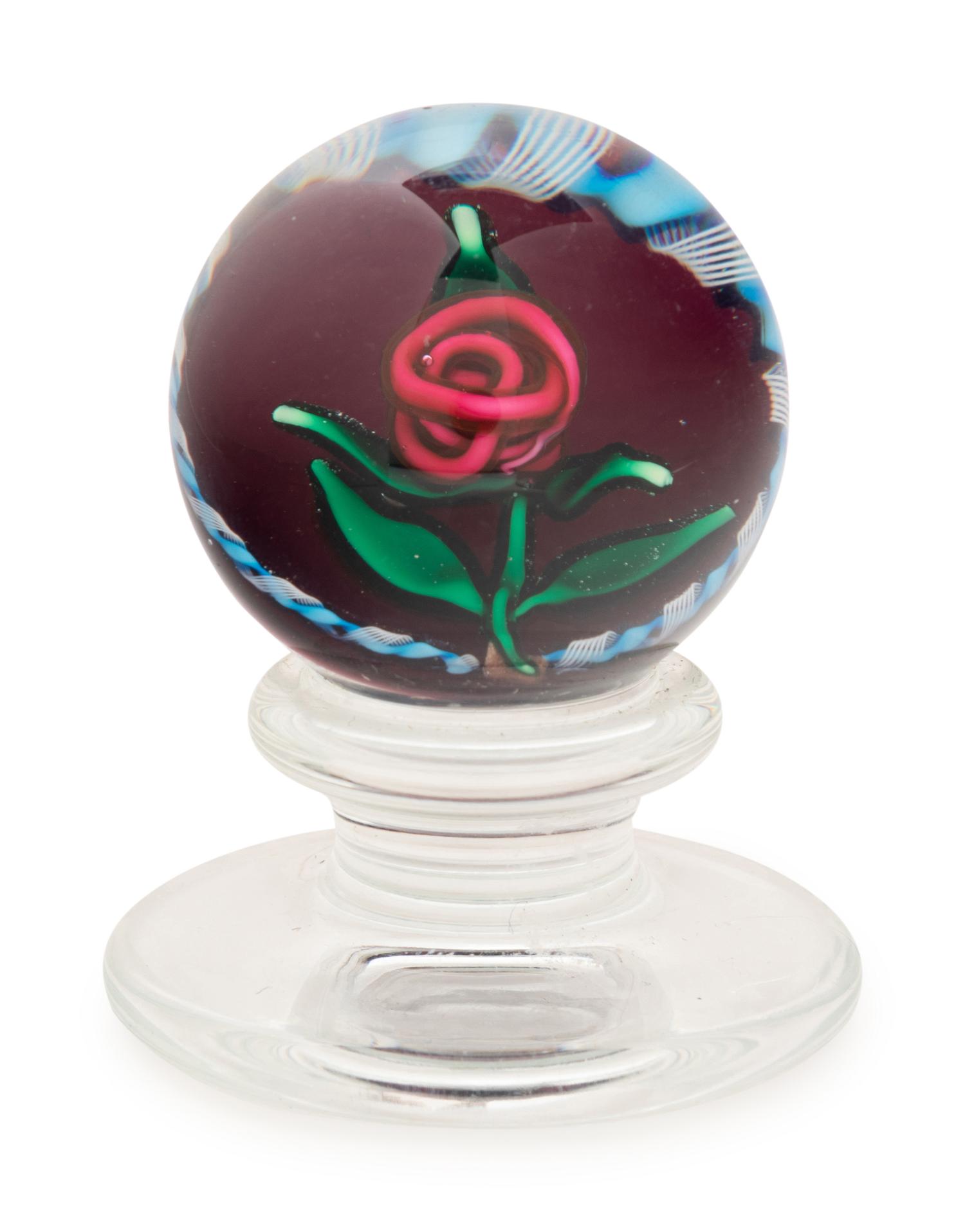 A Charles Kaziun Jr. Red Spider Lily on Blue Aventurine Ground Miniature Tilted Pedestal Glass Paperweight