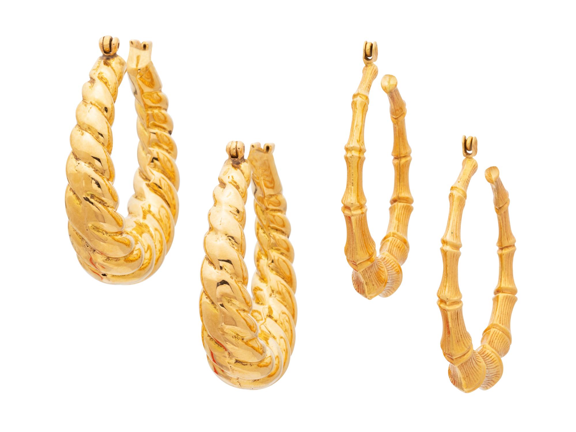 A Collection of 14 Karat Yellow Gold Hoops,