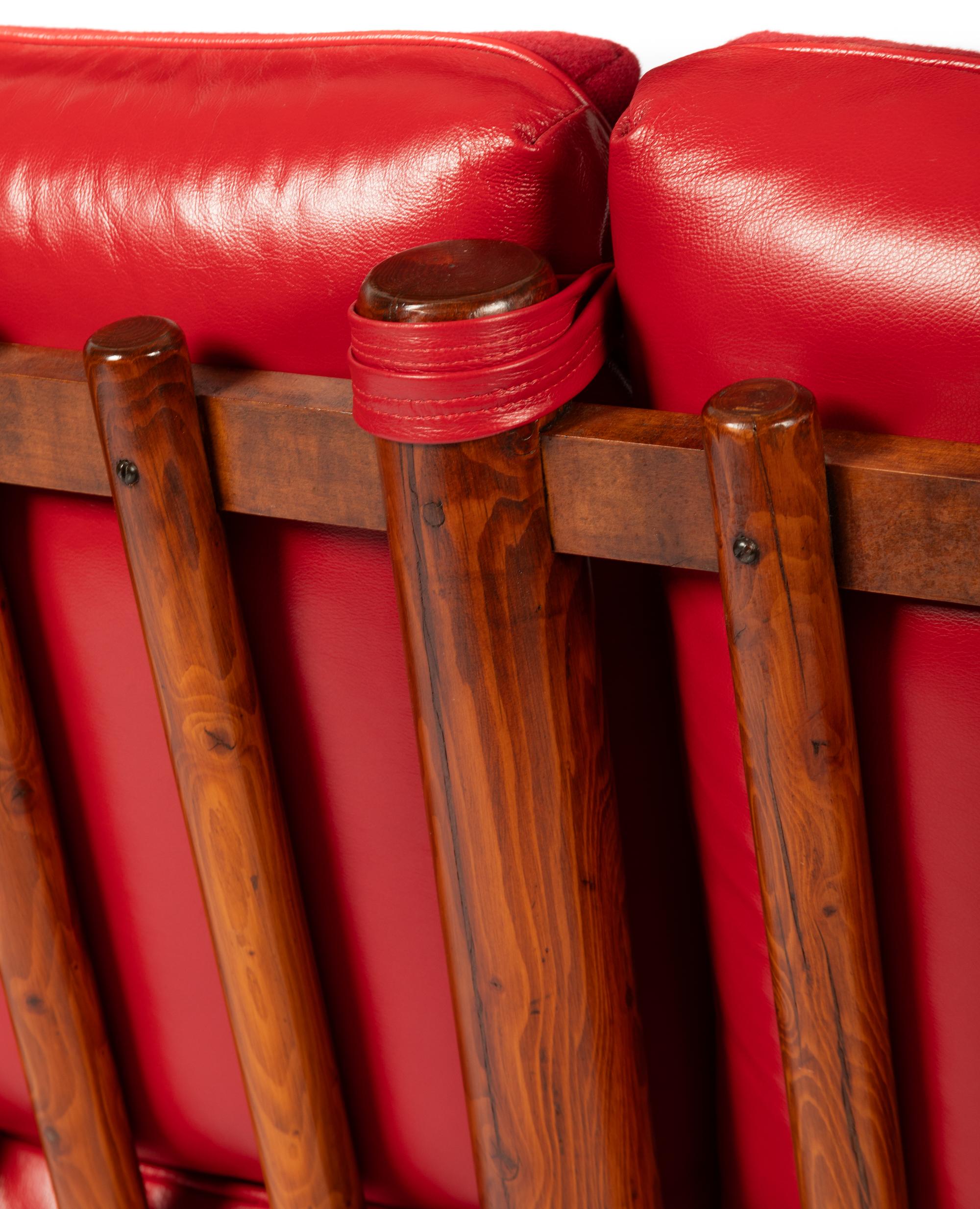 Spindle Sided Couch with leather and Chimayo Weavings, circa 1945
