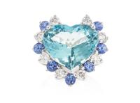 An 18 Karat White Gold, Aquamarine, Diamond and Sapphire Ring, 7.50 dwts.