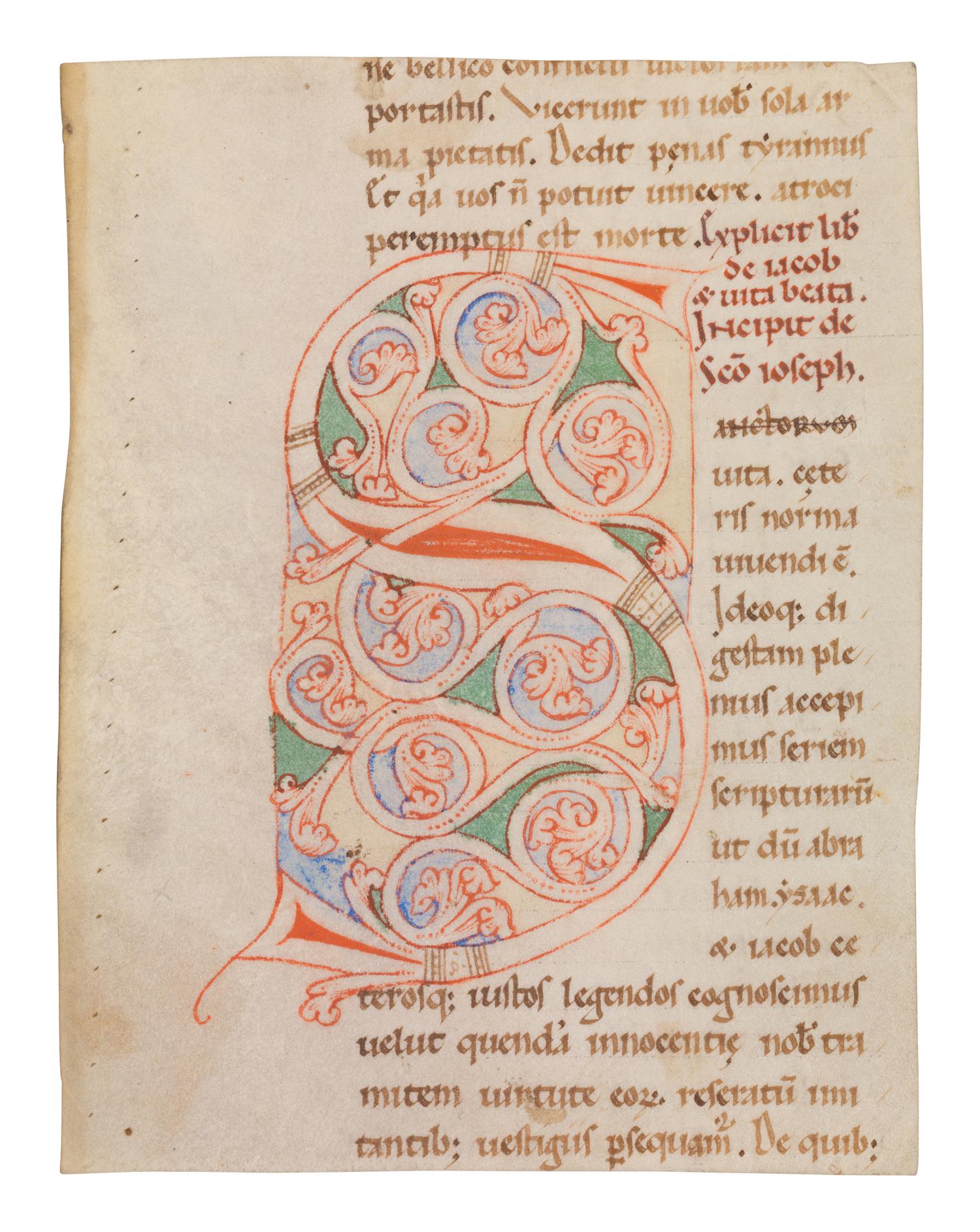 ITALIAN ROMANESQUE ARTIST Partial leaf from a De patriarchis , with decorated initial ‘S’, in Latin, illuminated manuscript on parchment [Italy, Tuscany, c. 1150]