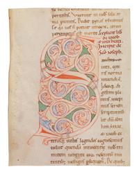 ITALIAN ROMANESQUE ARTIST Partial leaf from a De patriarchis , with decorated initial ‘S’, in Latin, illuminated manuscript on parchment [Italy, Tuscany, c. 1150]