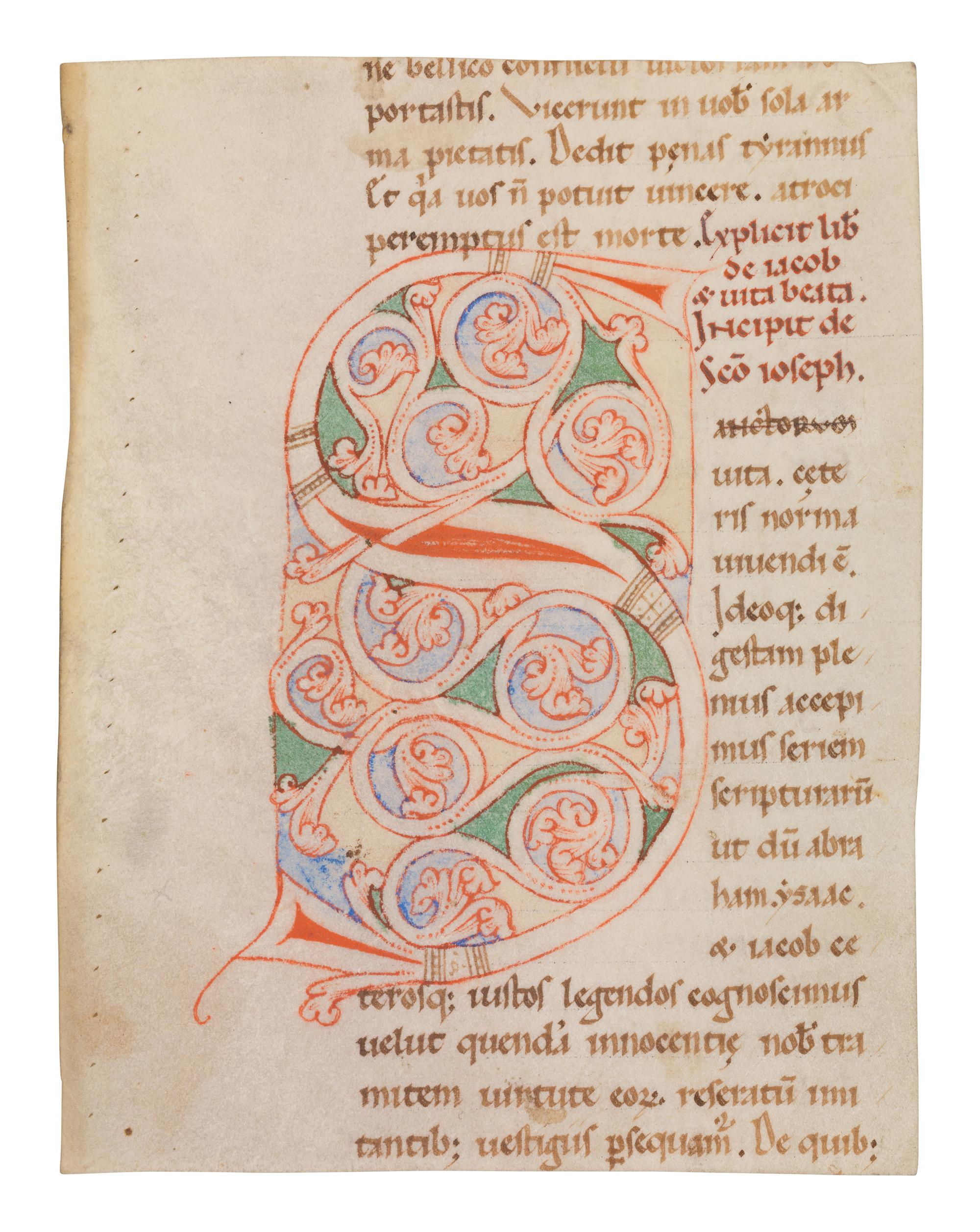 ITALIAN ROMANESQUE ARTIST Partial leaf from a De patriarchis , with decorated initial ‘S’, in Latin, illuminated manuscript on parchment [Italy, Tuscany, c. 1150]