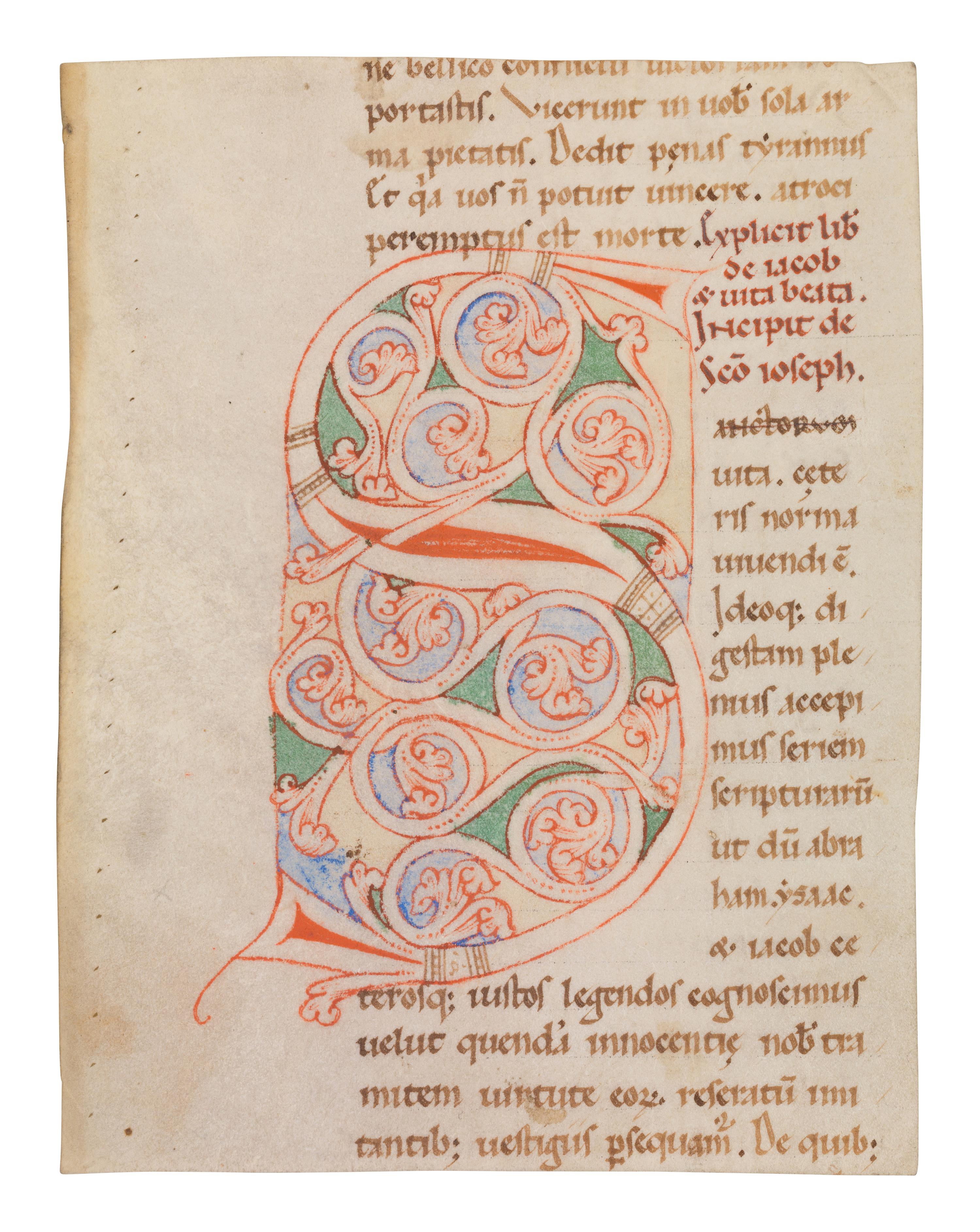 ITALIAN ROMANESQUE ARTIST Partial leaf from a De patriarchis , with decorated initial ‘S’, in Latin, illuminated manuscript on parchment [Italy, Tuscany, c. 1150]