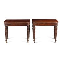 A Pair of William IV Brass-Inlaid Mahogany Flip-Top Tables