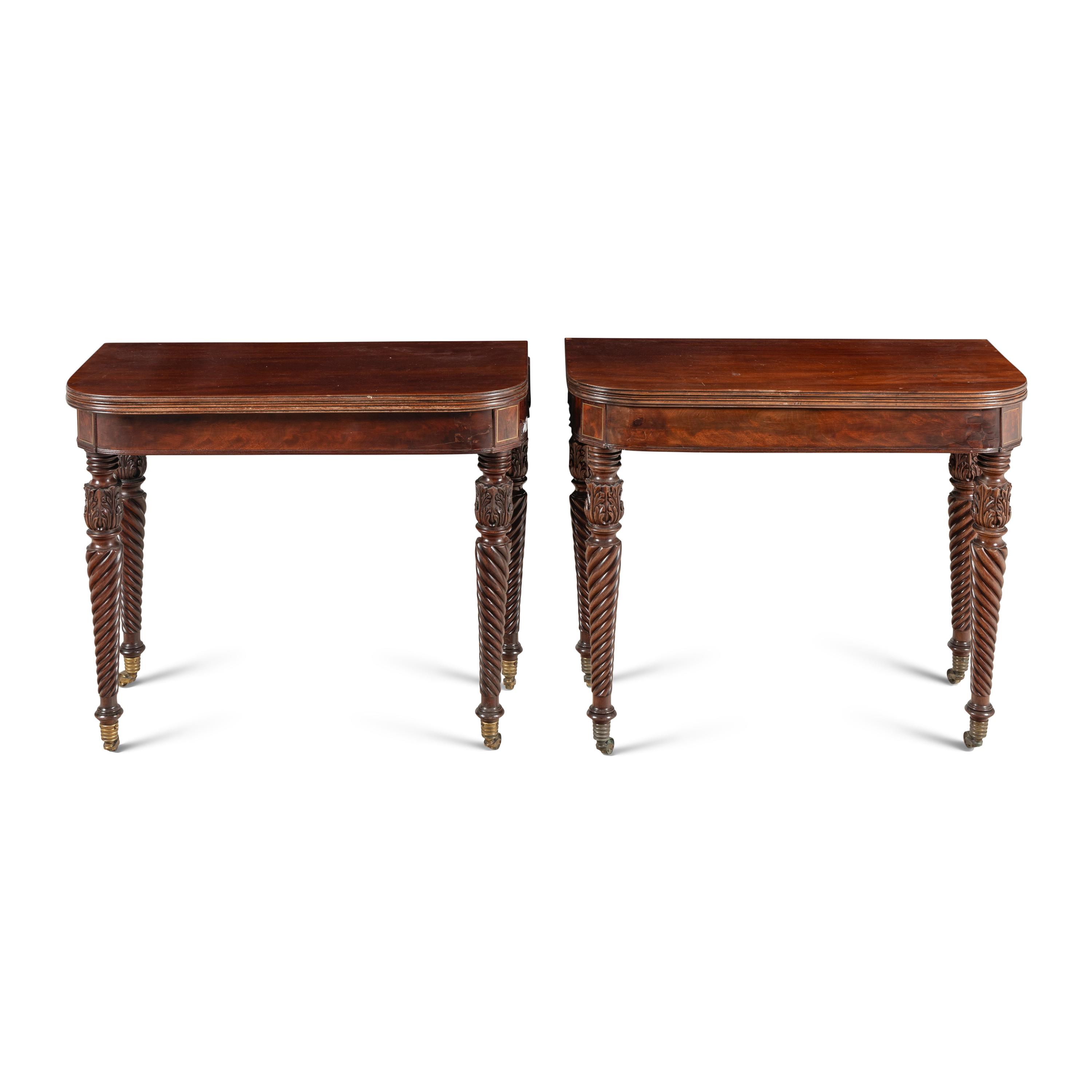 A Pair of William IV Brass-Inlaid Mahogany Flip-Top Tables