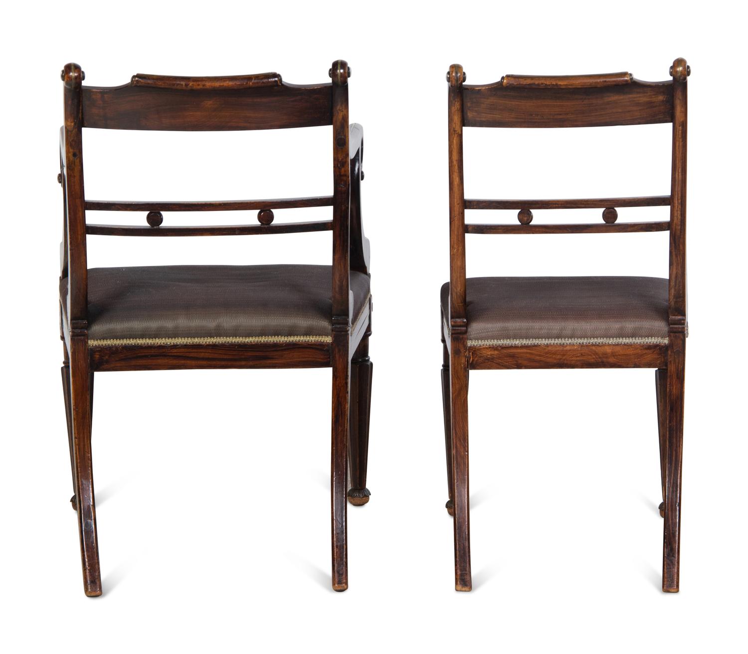 A Set of Eight Regency Brass-Inlaid Faux Grain Dining Chairs