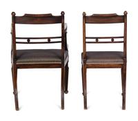 A Set of Eight Regency Brass-Inlaid Faux Grain Dining Chairs