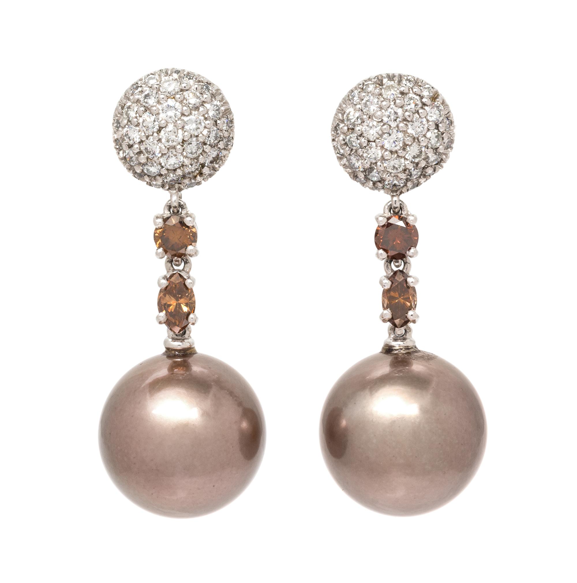 A Pair of White Gold, Cultured Tahitian Pearl, Colored Diamond and Diamond Earrings, 9.60 dwts.