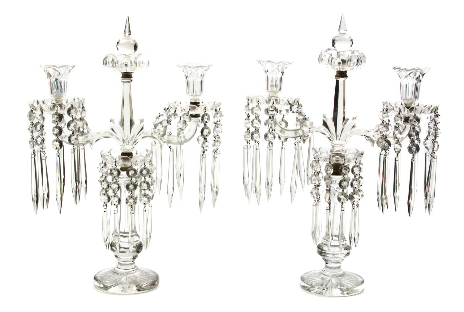 A Pair of Cut Glass Three-Light Candelabra, Height 20 1/4 inches.