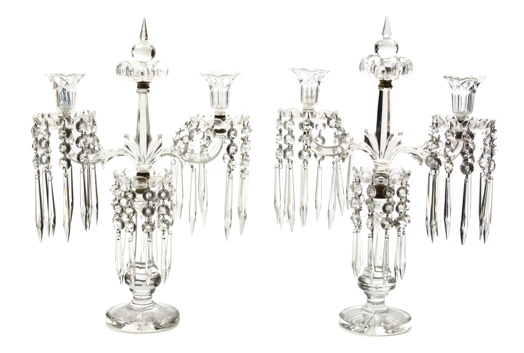 A Pair of Cut Glass Three-Light Candelabra, Height 20 1/4 inches.