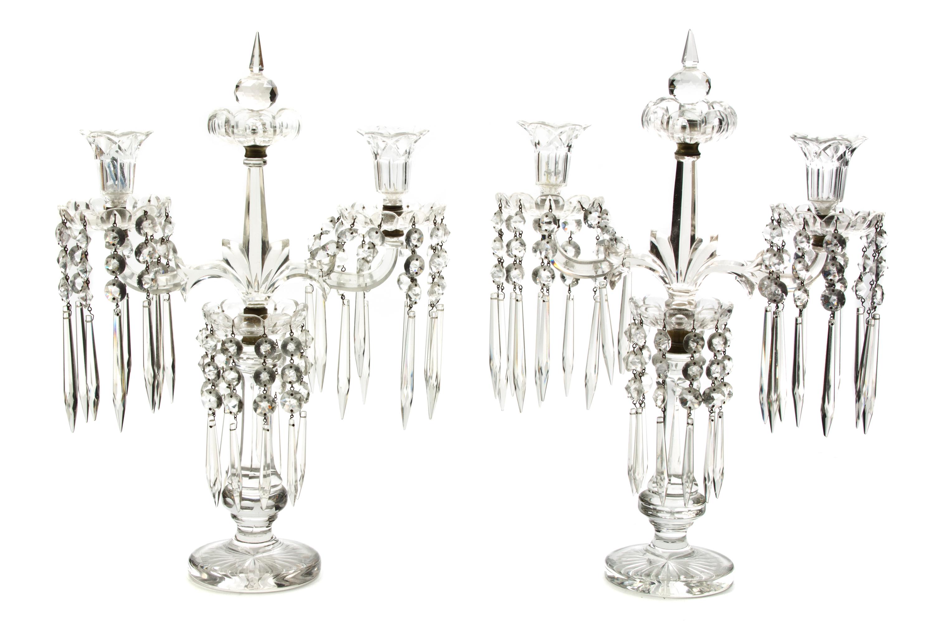 A Pair of Cut Glass Three-Light Candelabra, Height 20 1/4 inches.