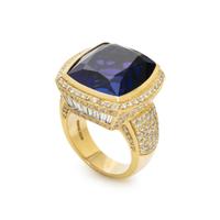DE HAGO, YELLOW GOLD, TANZANITE, AND DIAMOND RING
