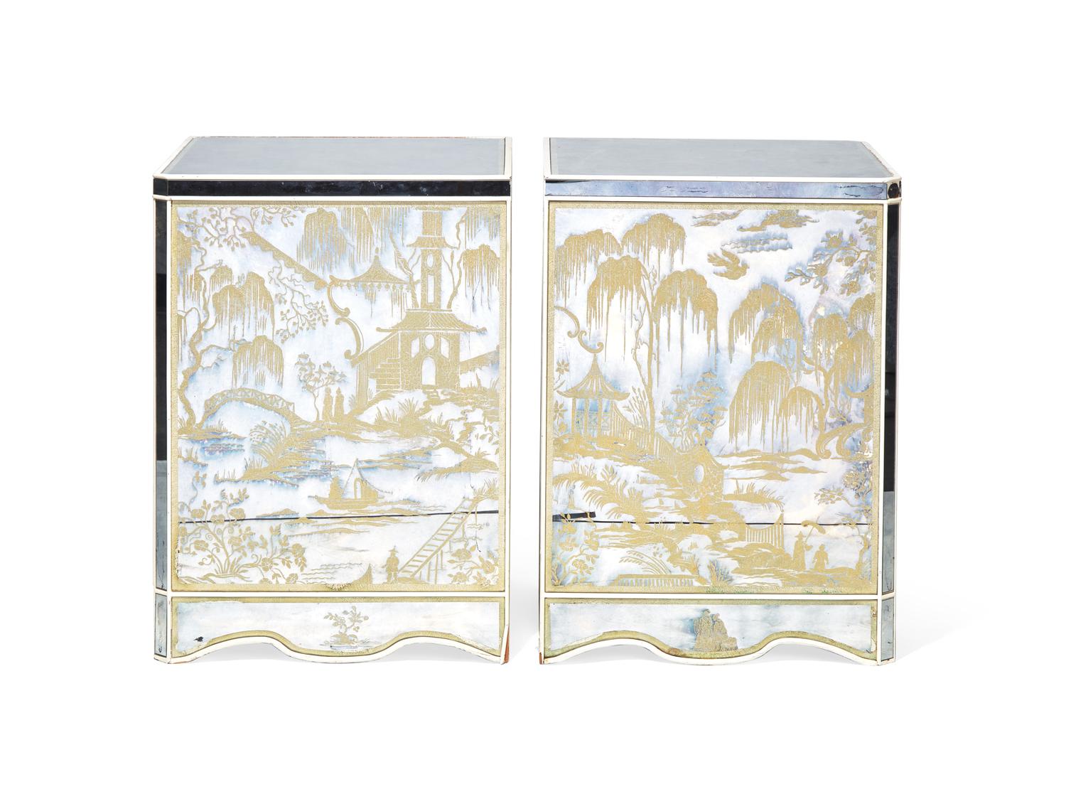 A Pair of Japonisme Gilt Decorated Mirrored Chests of Drawers