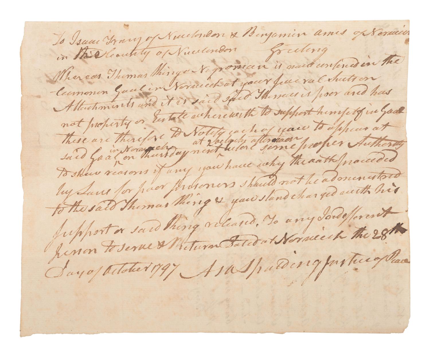[AFRICAN AMERICANA]. Manuscript legal document related to the case of "Thomas King a Negro man" who was in debtor's prison. Norwich, [Connecticut]. 28 October 1797.