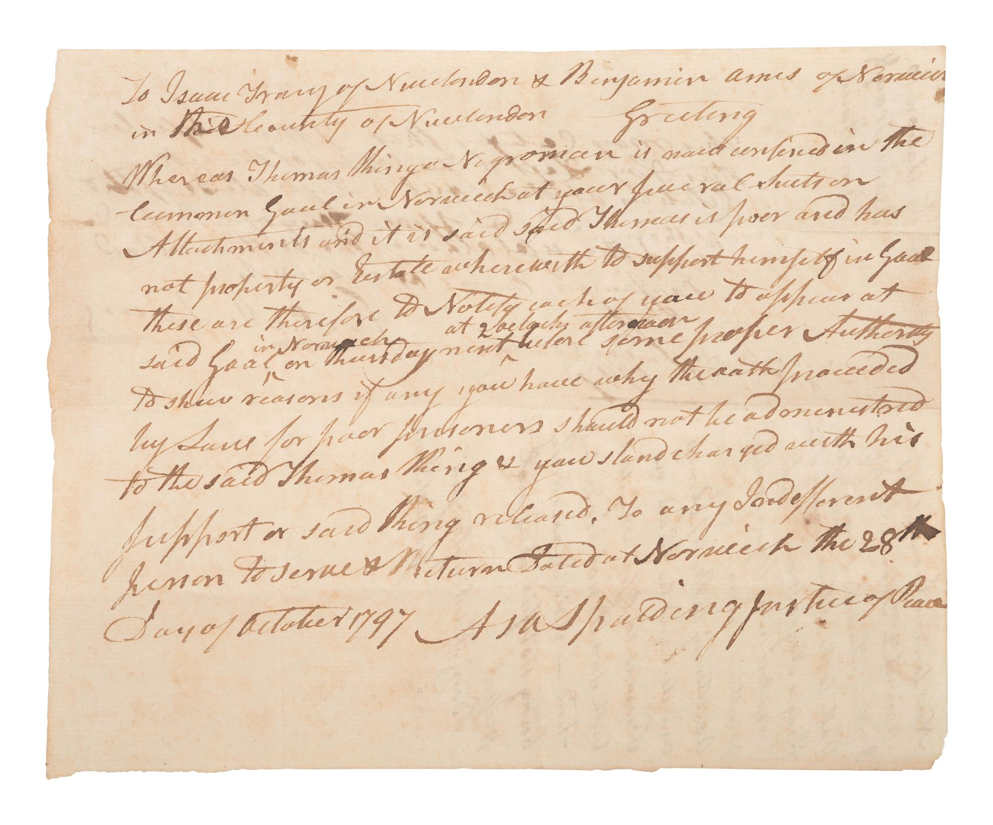 [AFRICAN AMERICANA]. Manuscript legal document related to the case of "Thomas King a Negro man" who was in debtor's prison. Norwich, [Connecticut]. 28 October 1797.