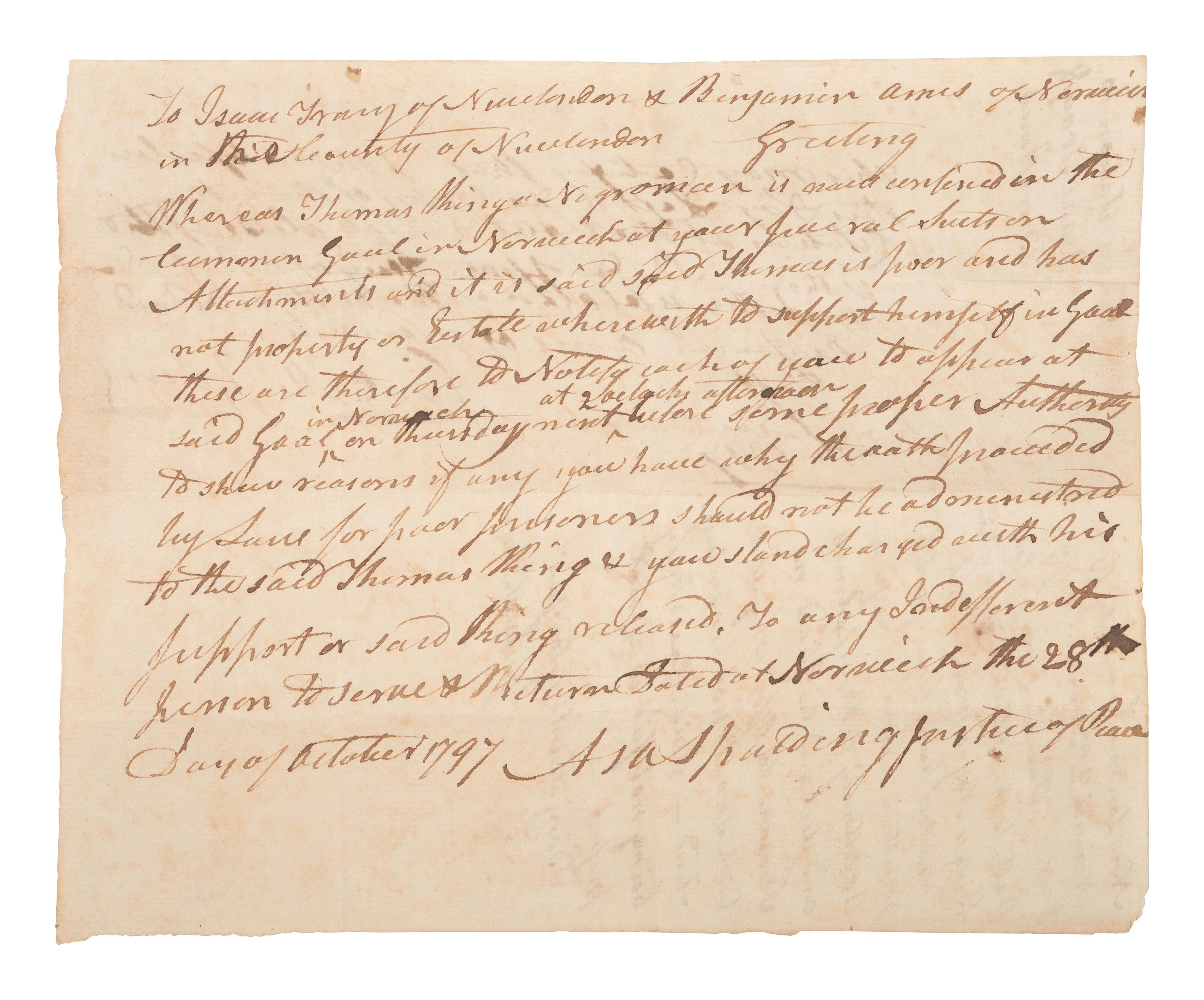 [AFRICAN AMERICANA]. Manuscript legal document related to the case of "Thomas King a Negro man" who was in debtor's prison. Norwich, [Connecticut]. 28 October 1797.