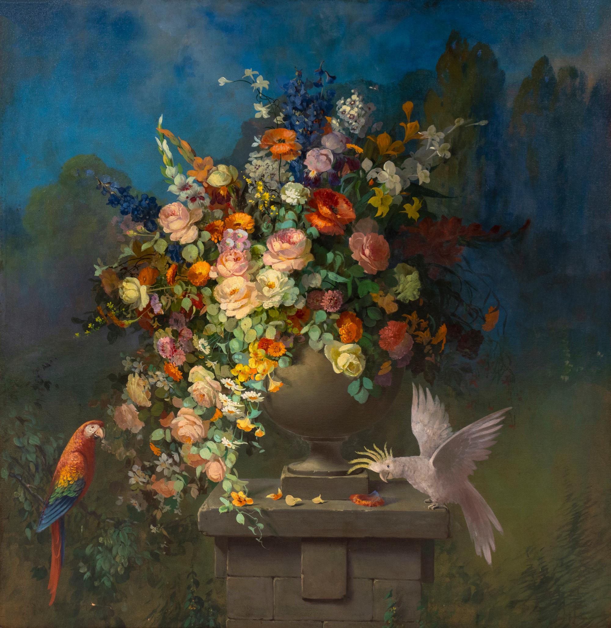 Classical Floral Still Life with Macaw and Cockatoo