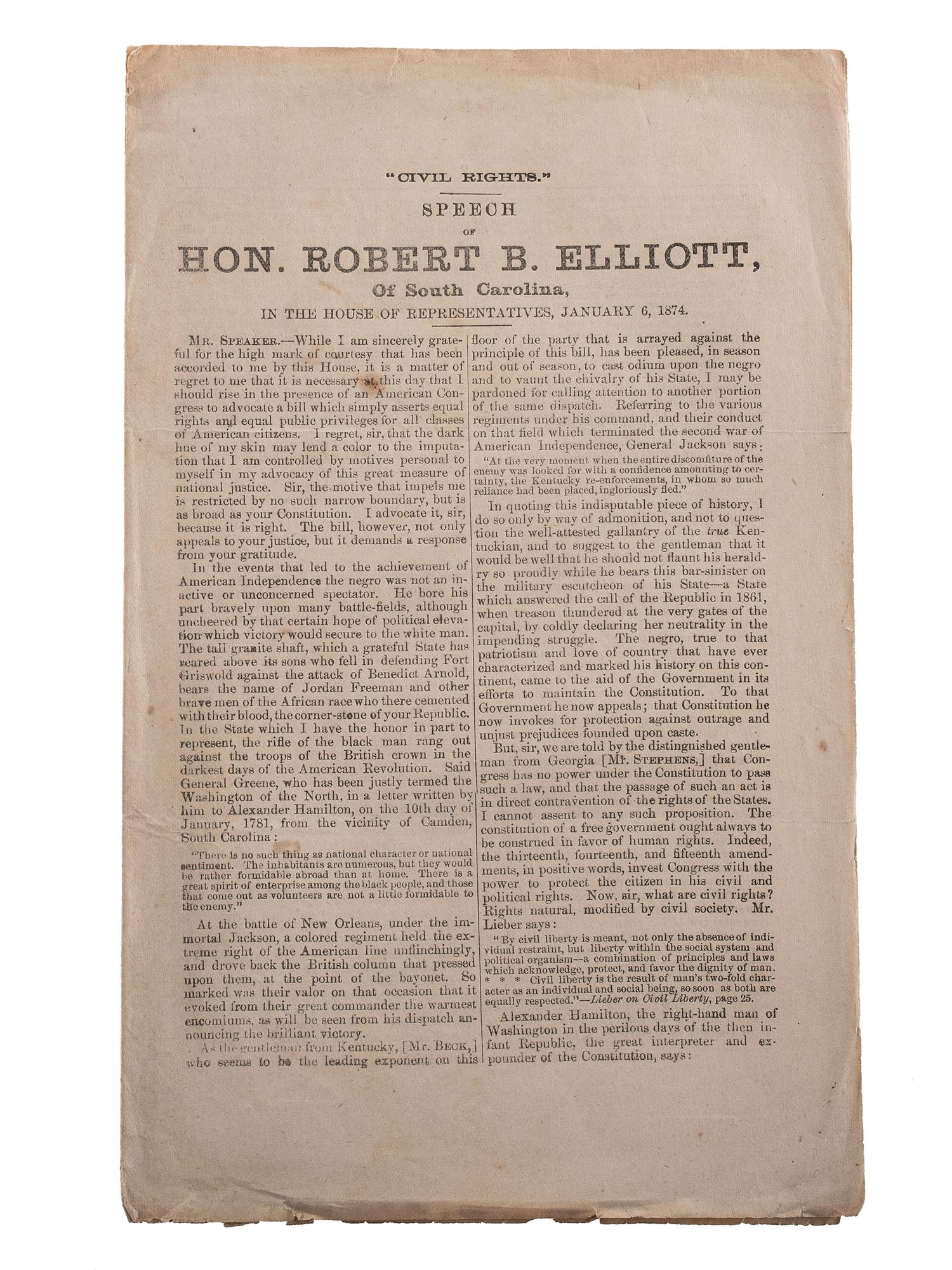 [RECONSTRUCTION - CIVIL RIGHTS]. ELLIOTT, Robert Brown (1842-1884). "Civil Rights." Speech of Hon. Robert B. Elliott, of South Carolina, in the House of Representatives, January 6, 1874. [Washington]: [Beardsley & Snodgrass], 1874.