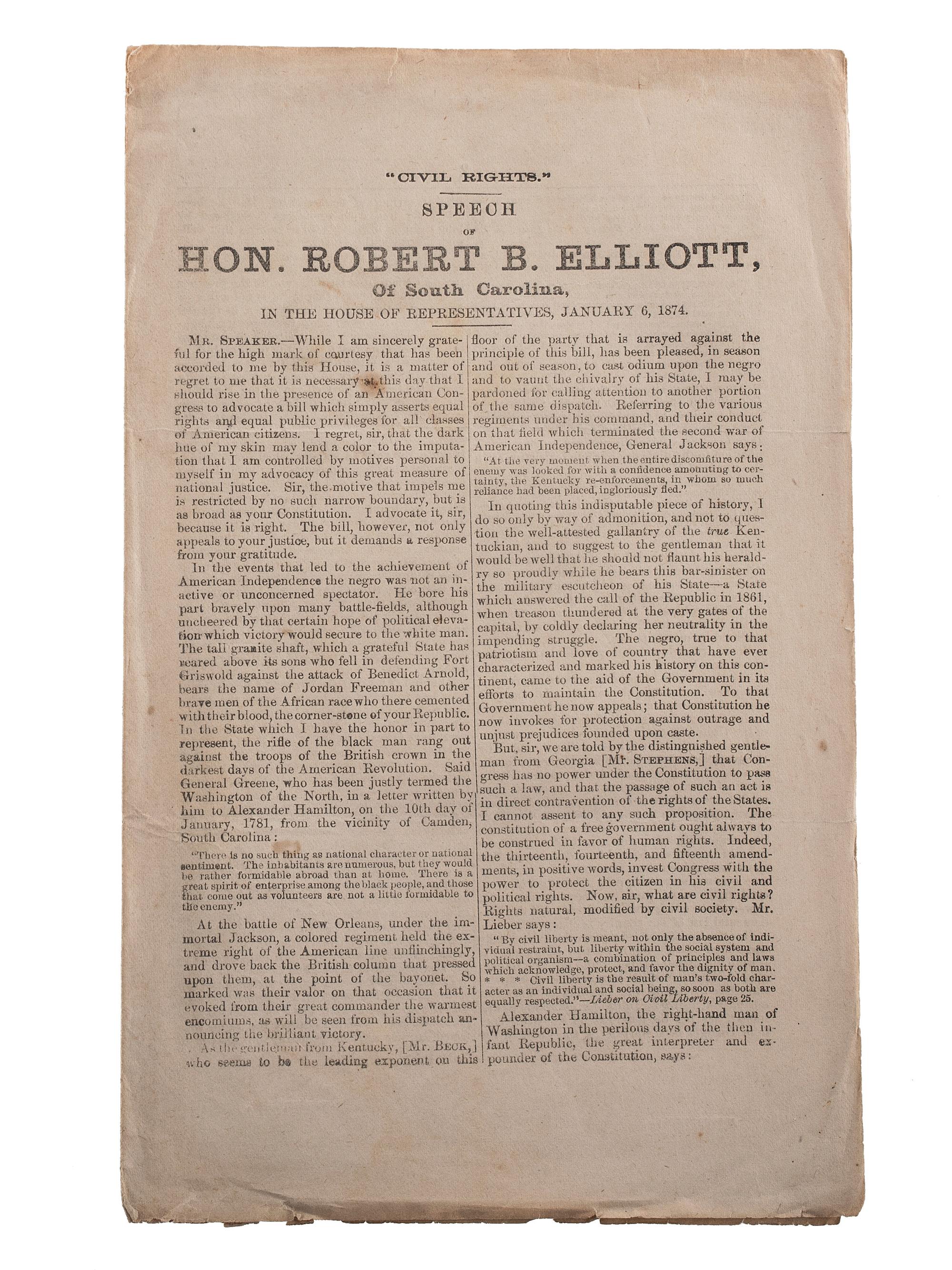 [RECONSTRUCTION - CIVIL RIGHTS]. ELLIOTT, Robert Brown (1842-1884). "Civil Rights." Speech of Hon. Robert B. Elliott, of South Carolina, in the House of Representatives, January 6, 1874. [Washington]: [Beardsley & Snodgrass], 1874.