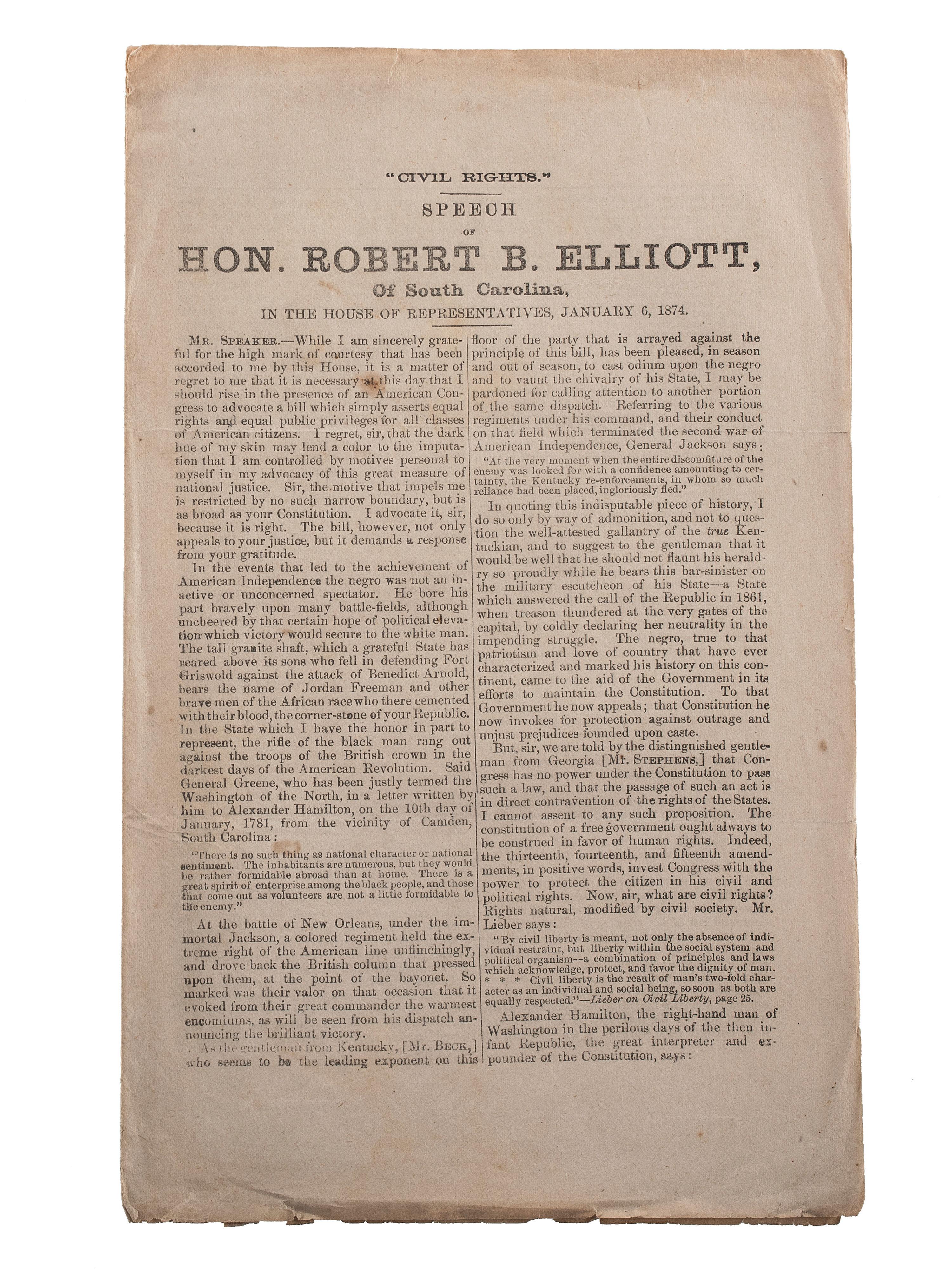 [RECONSTRUCTION - CIVIL RIGHTS]. ELLIOTT, Robert Brown (1842-1884). "Civil Rights." Speech of Hon. Robert B. Elliott, of South Carolina, in the House of Representatives, January 6, 1874. [Washington]: [Beardsley & Snodgrass], 1874.