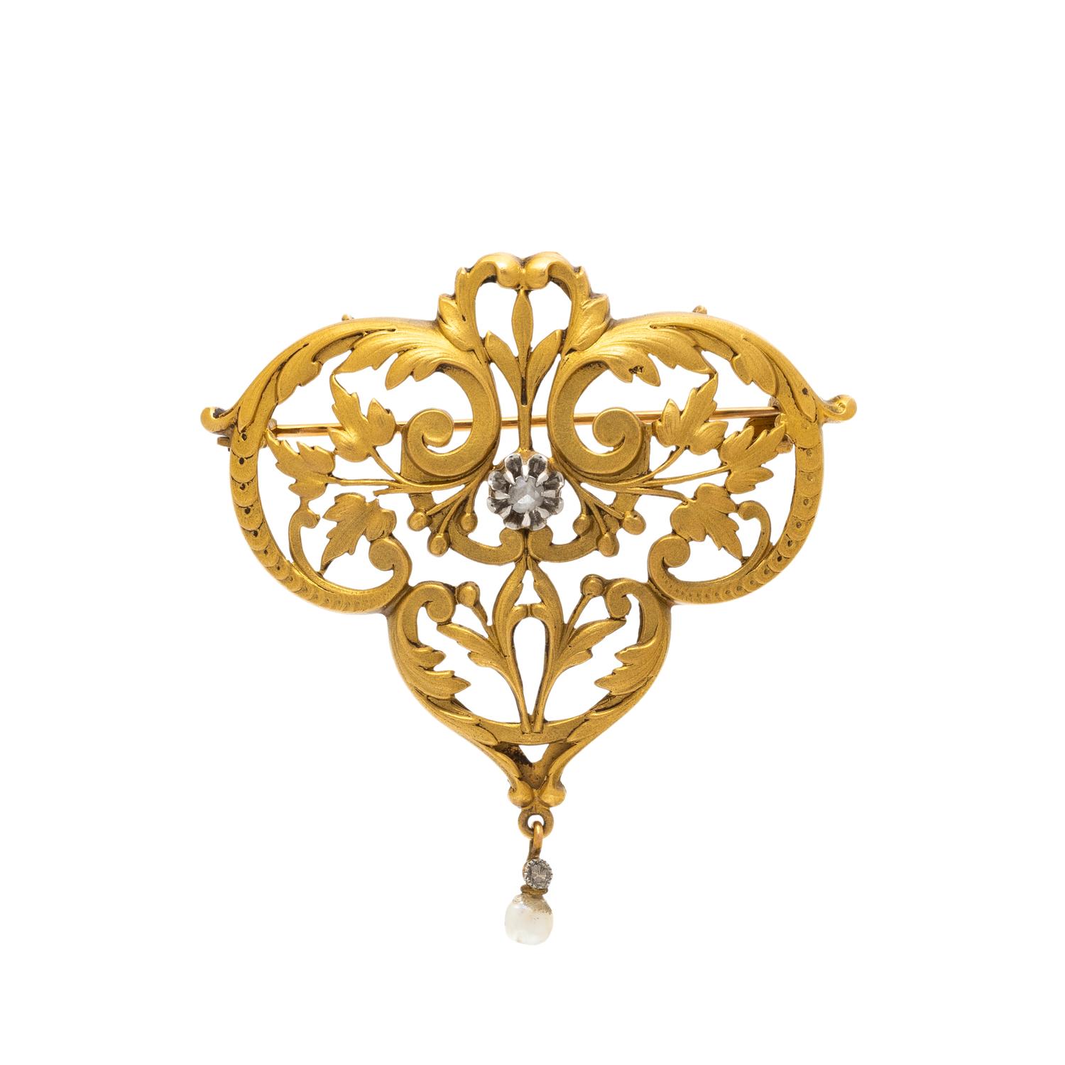 ANTIQUE, FRENCH, YELLOW GOLD, DIAMOND, AND SEED PEARL BROOCH