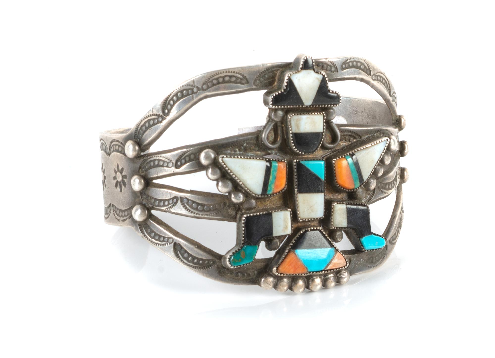 Zuni Knifewing Silver and Multi-Stone Inlay Cuff Bracelet 5 1/4 inches around with 1 inch opening for wrist — (First Quarter 20th Century)