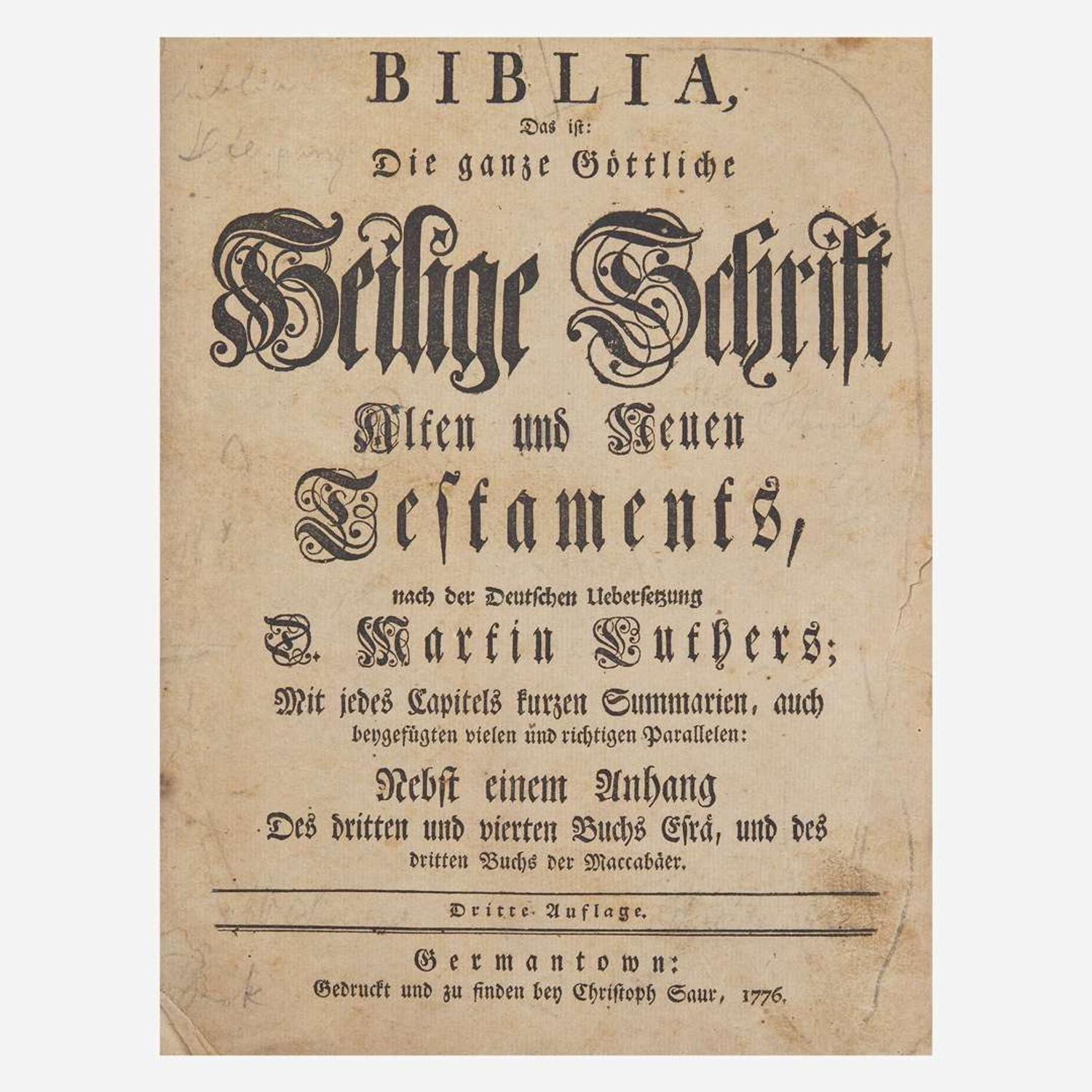 [Americana] [Sauer, Christoph] ["Gun-Wad" Bible] Biblia, Das ist: Die ganze Gottliche Heilige Schrift Alten und Neuen Testaments, nach der Deutschen Uebersetzung D. Martin Luthers...