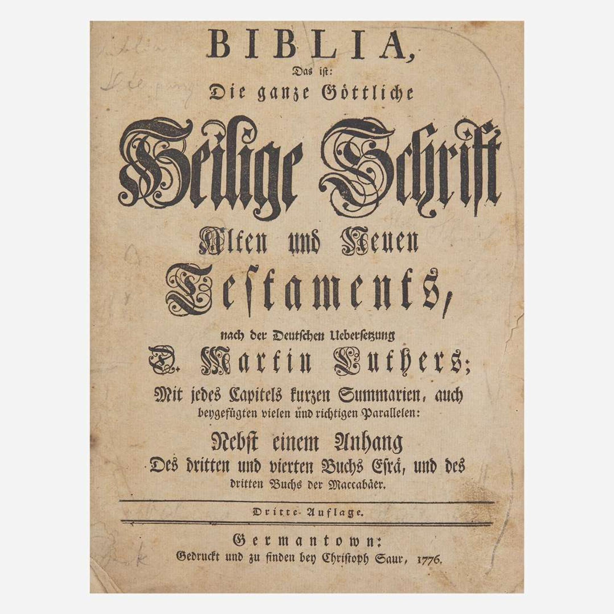 [Americana] [Sauer, Christoph] ["Gun-Wad" Bible] Biblia, Das ist: Die ganze Gottliche Heilige Schrift Alten und Neuen Testaments, nach der Deutschen Uebersetzung D. Martin Luthers...