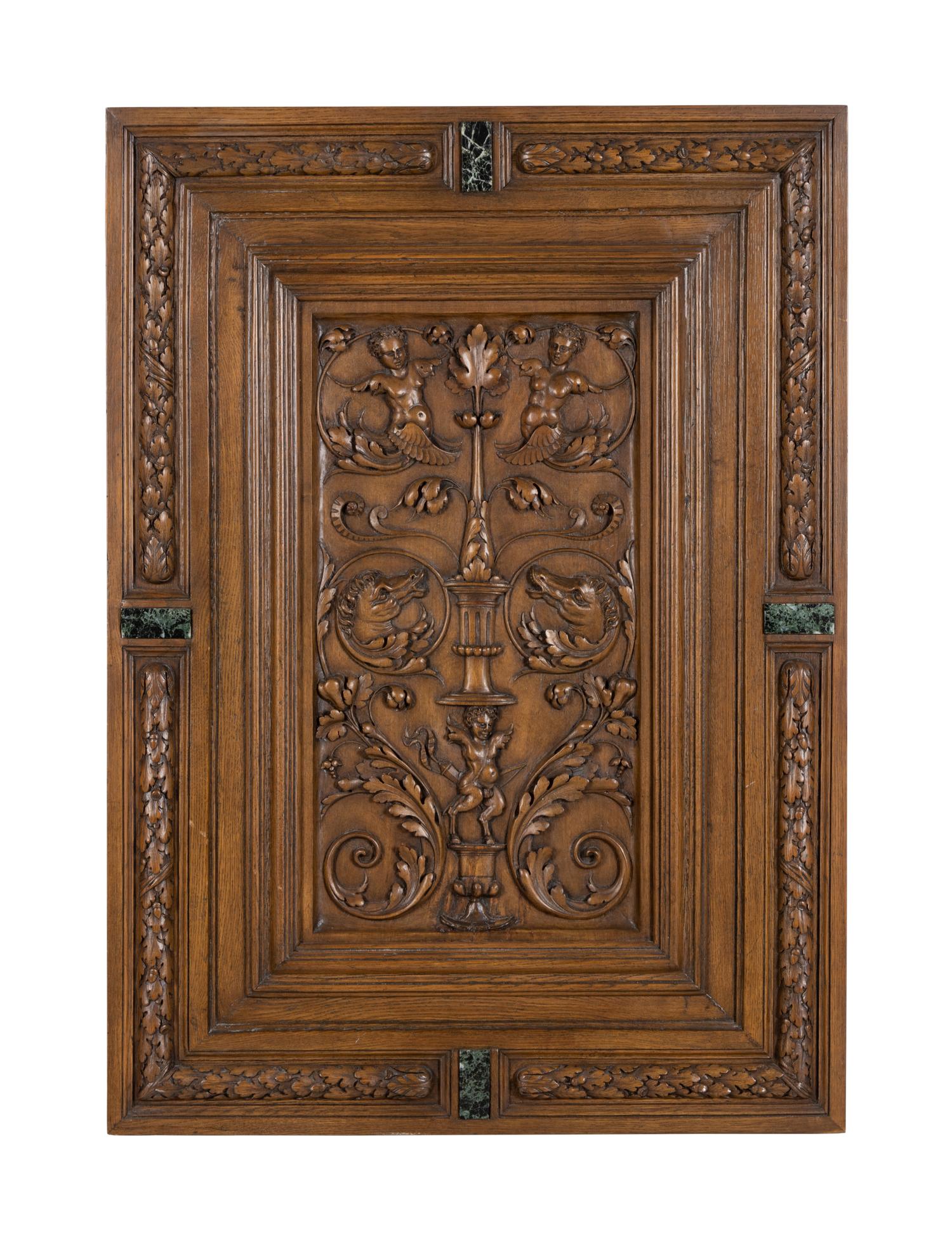 A Renaissance Revival Marble-Inset Carved Oak Panel