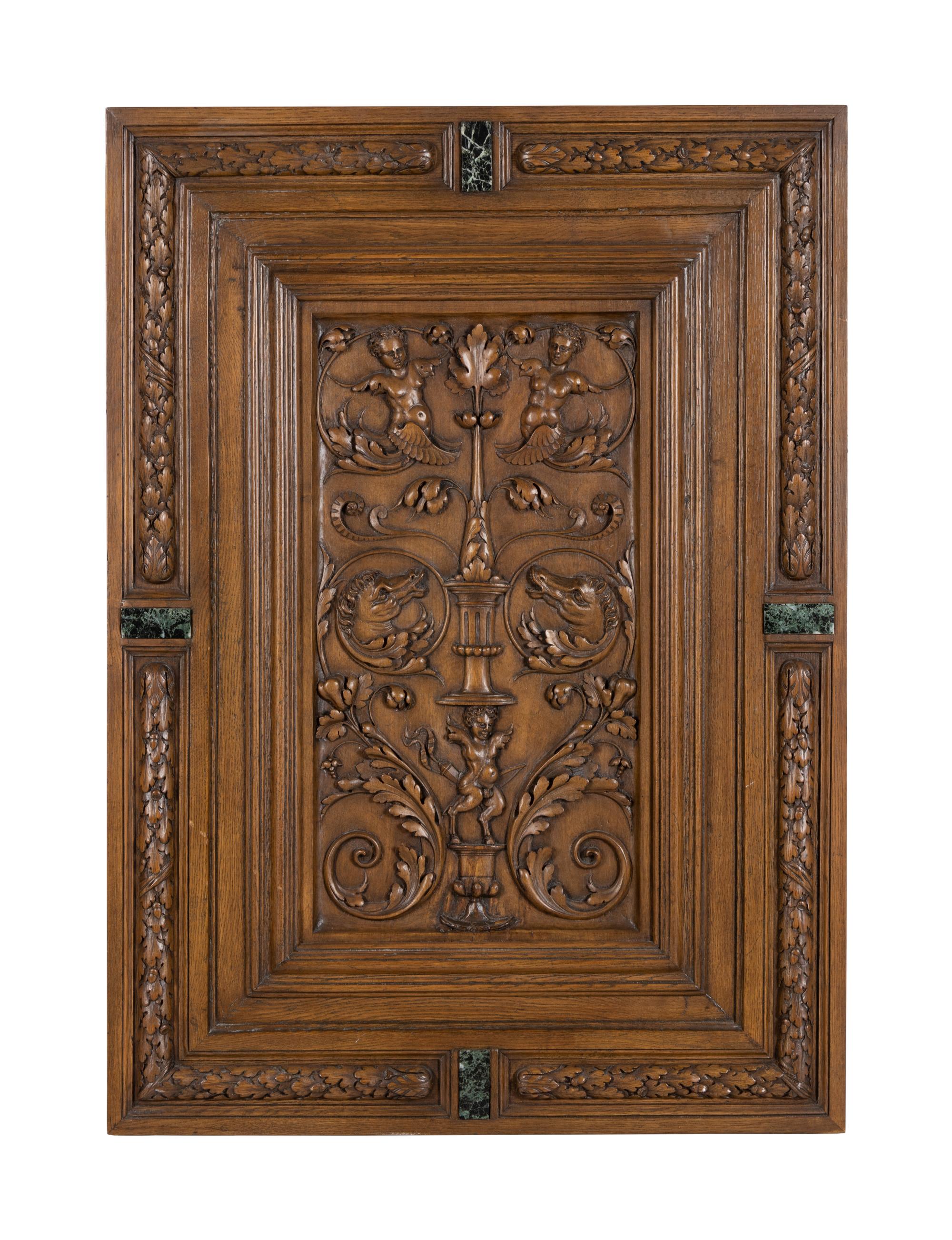 A Renaissance Revival Marble-Inset Carved Oak Panel