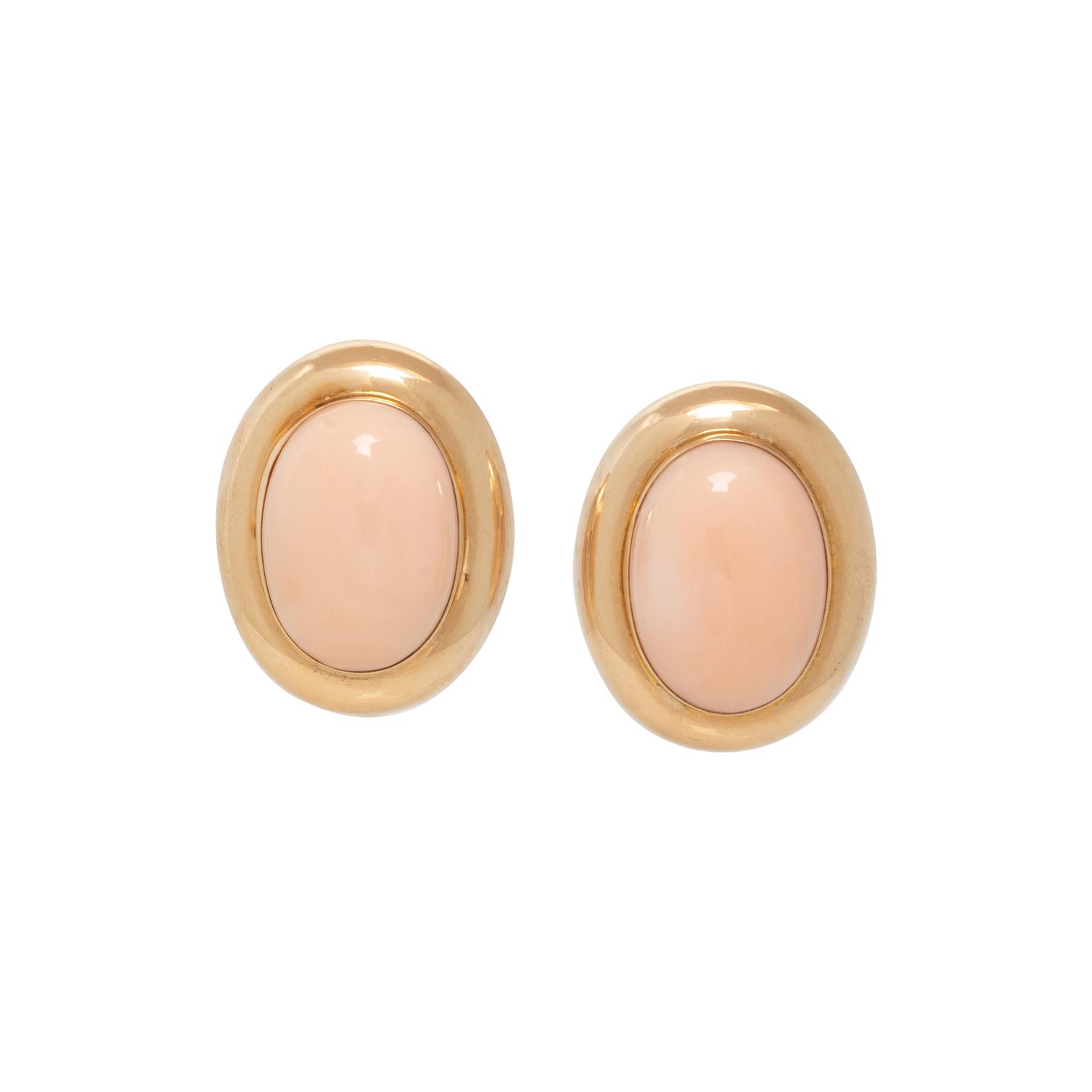 YELLOW GOLD AND ANGEL SKIN CORAL EARLCLIPS