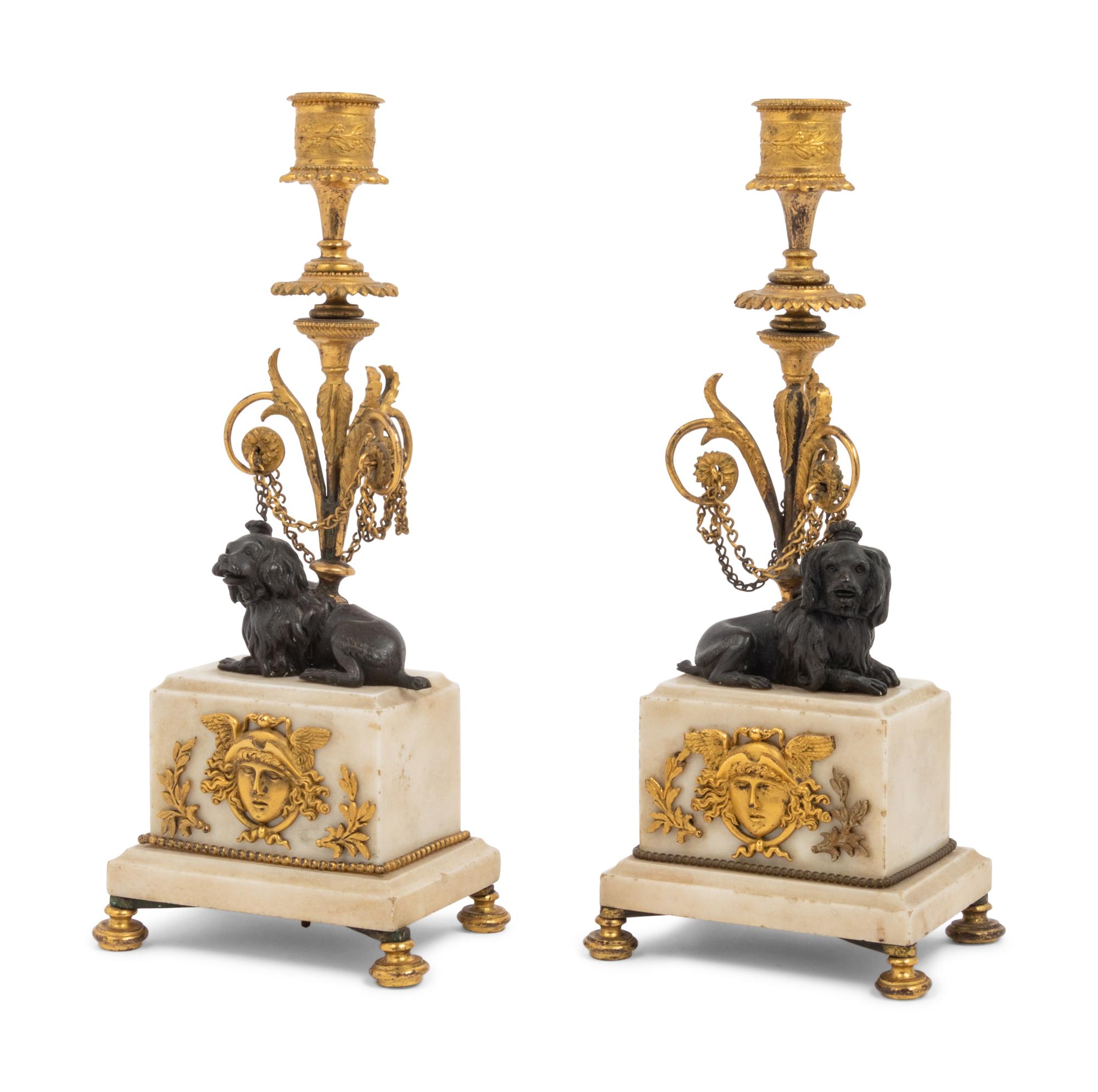 A Pair of Louis Philippe Gilt Bronze and Marble Candlesticks